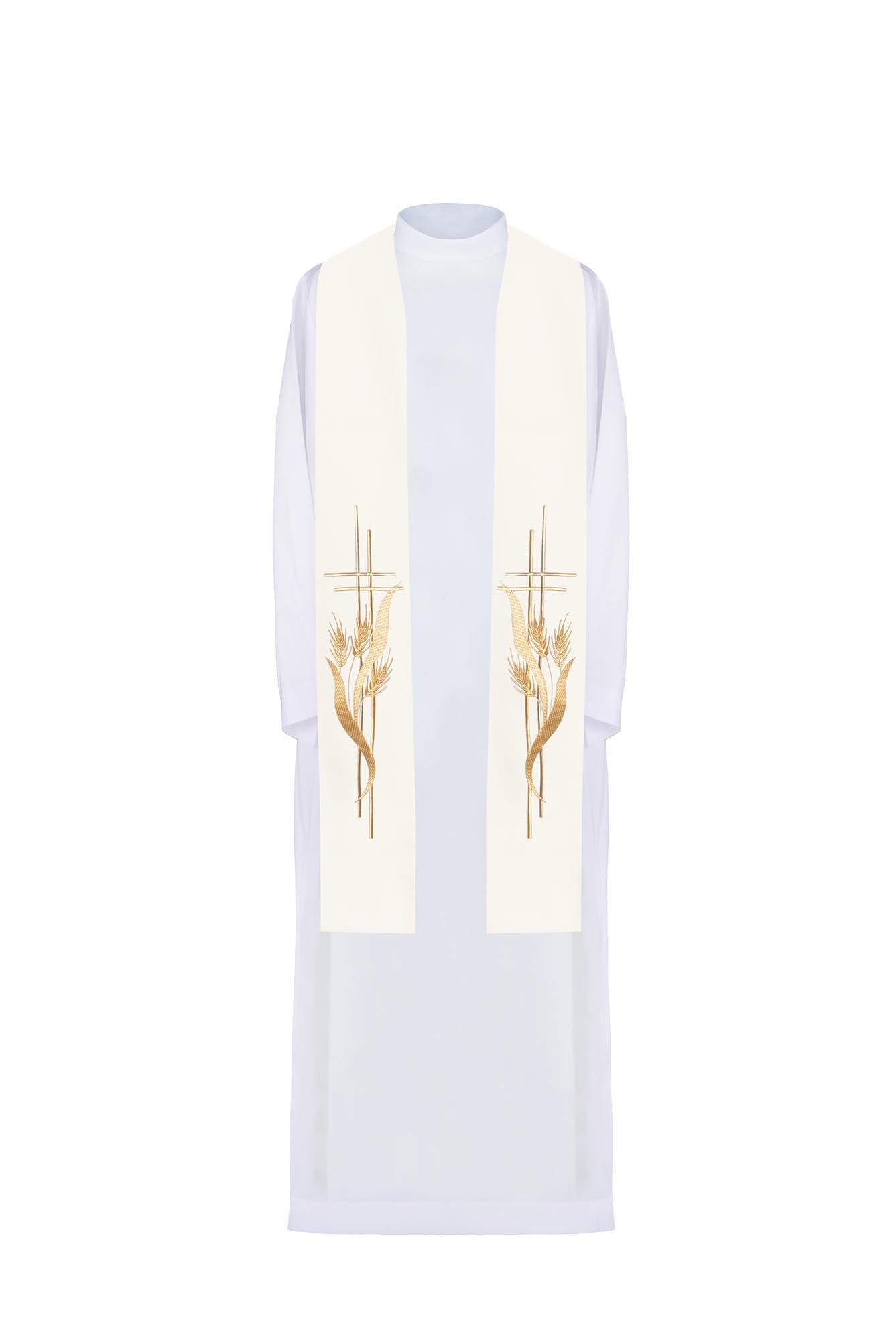 Embroidered priest's stole with decorated cross in ecru