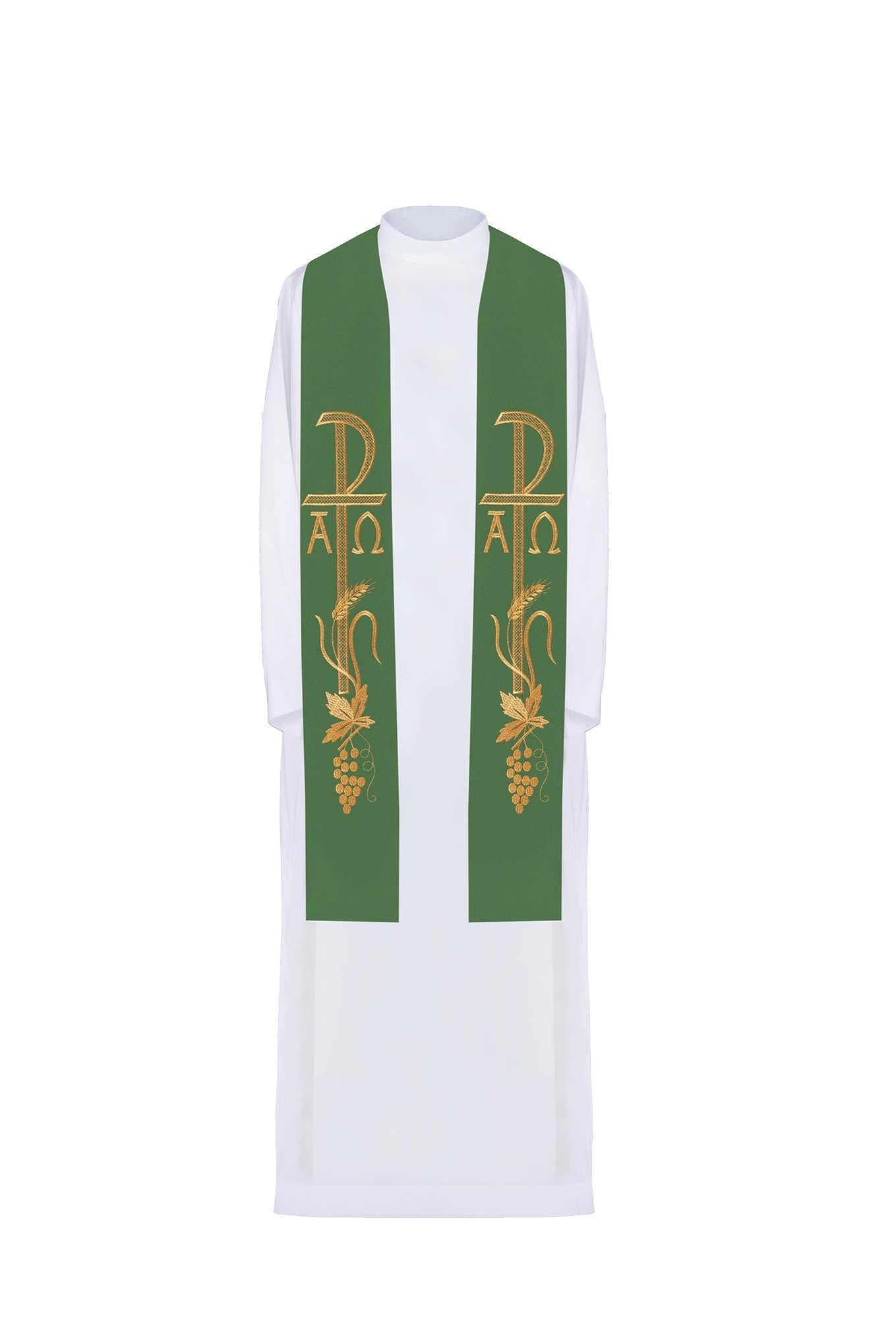 Alpha and Omega embroidered green priest's stole