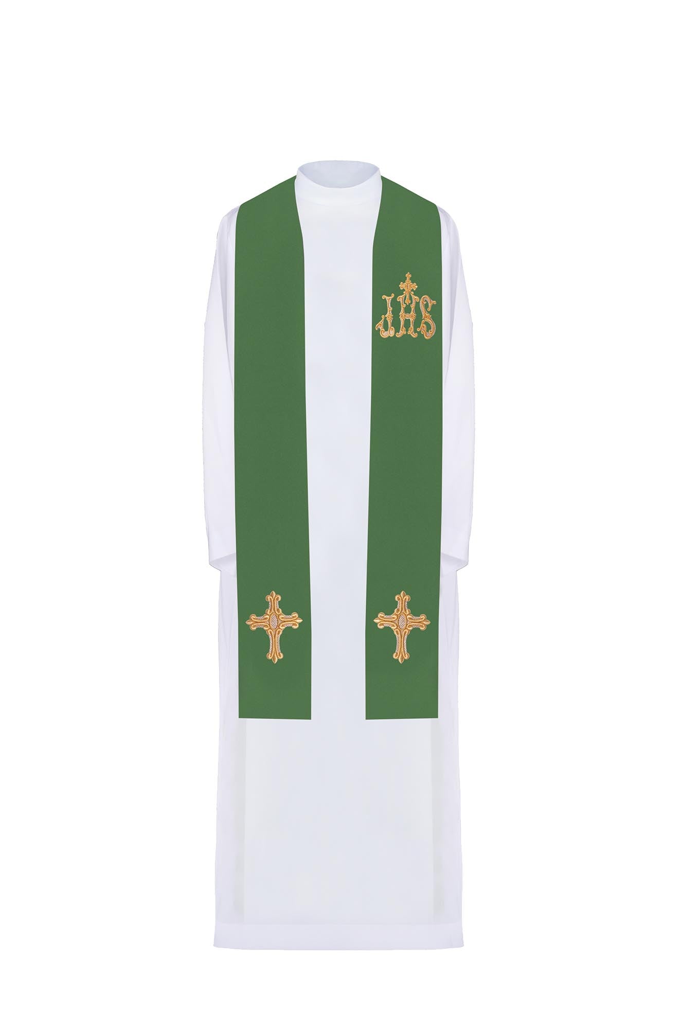 Green priest's stole embroidered with cross and IHS Green