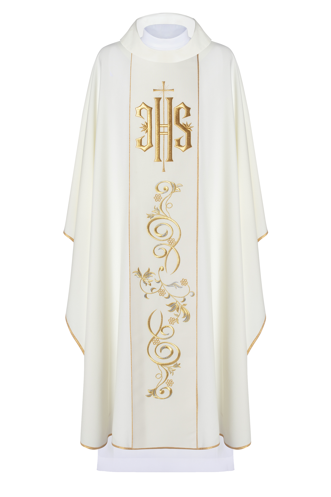 Decorated IHS chasuble in ecru