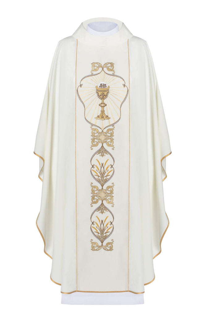 Decorated IHS chasuble in ecru