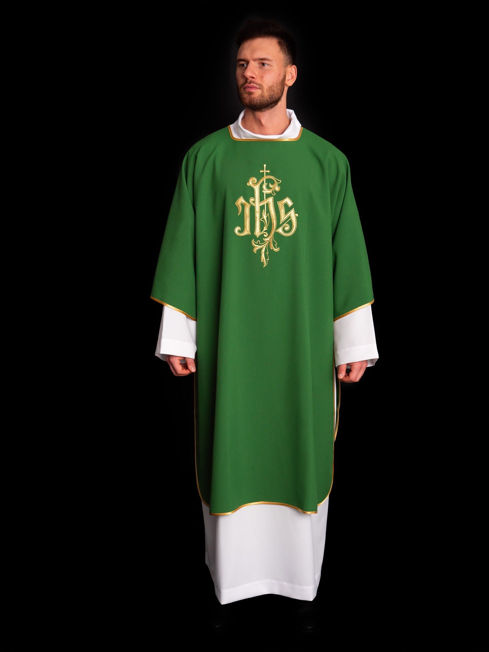 Green IHS embroidered dalmatics