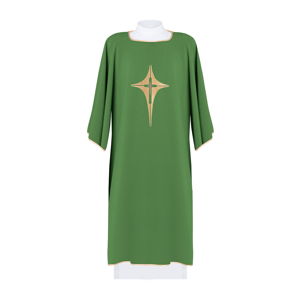 Green Dalmatian with embroidered gold cross