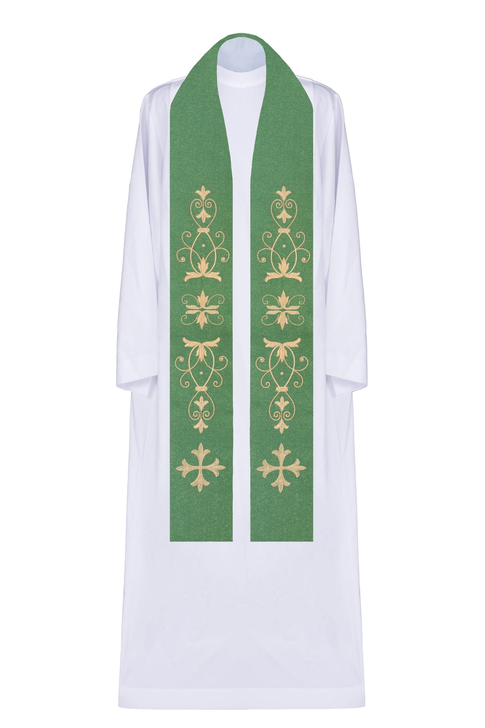 Green stole with embroidered cross and floral motif