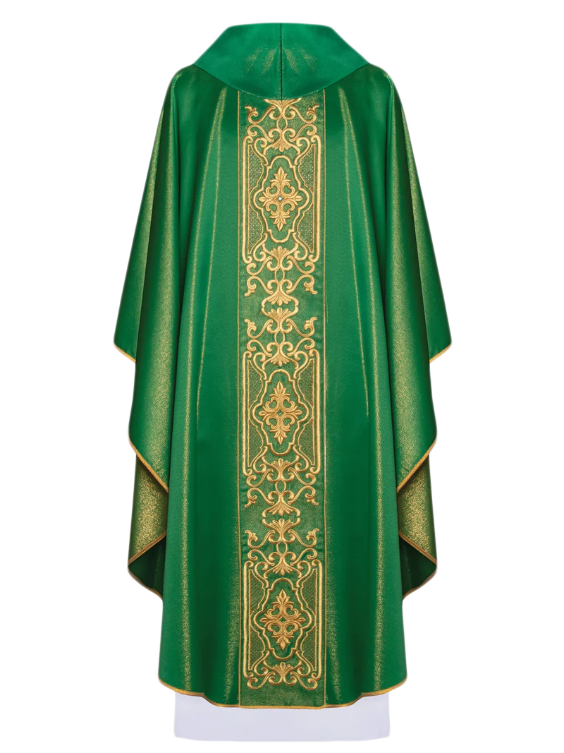 Green chasuble richly embroidered lustre