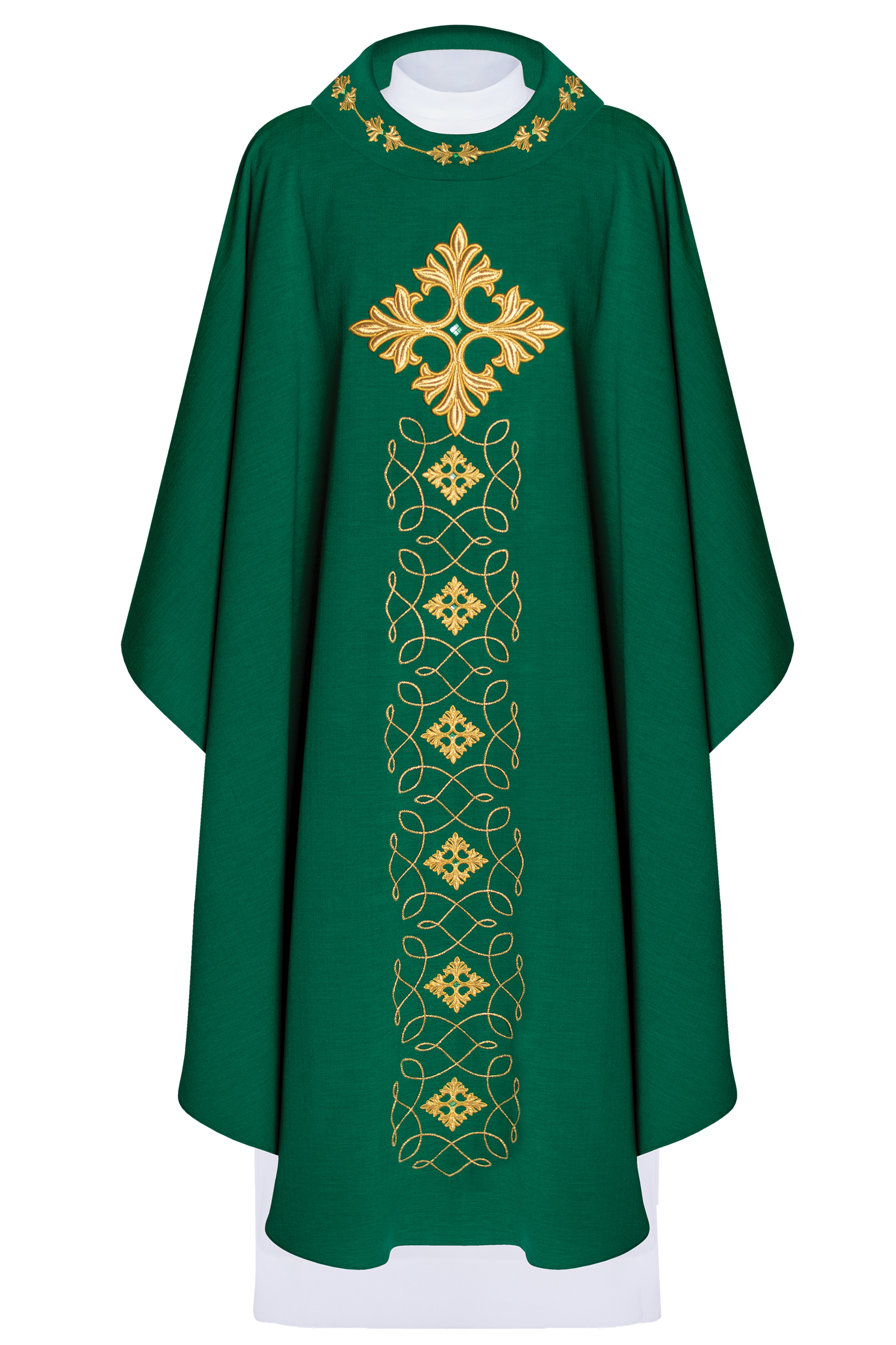 Green chasuble richly embroidered with string and stones