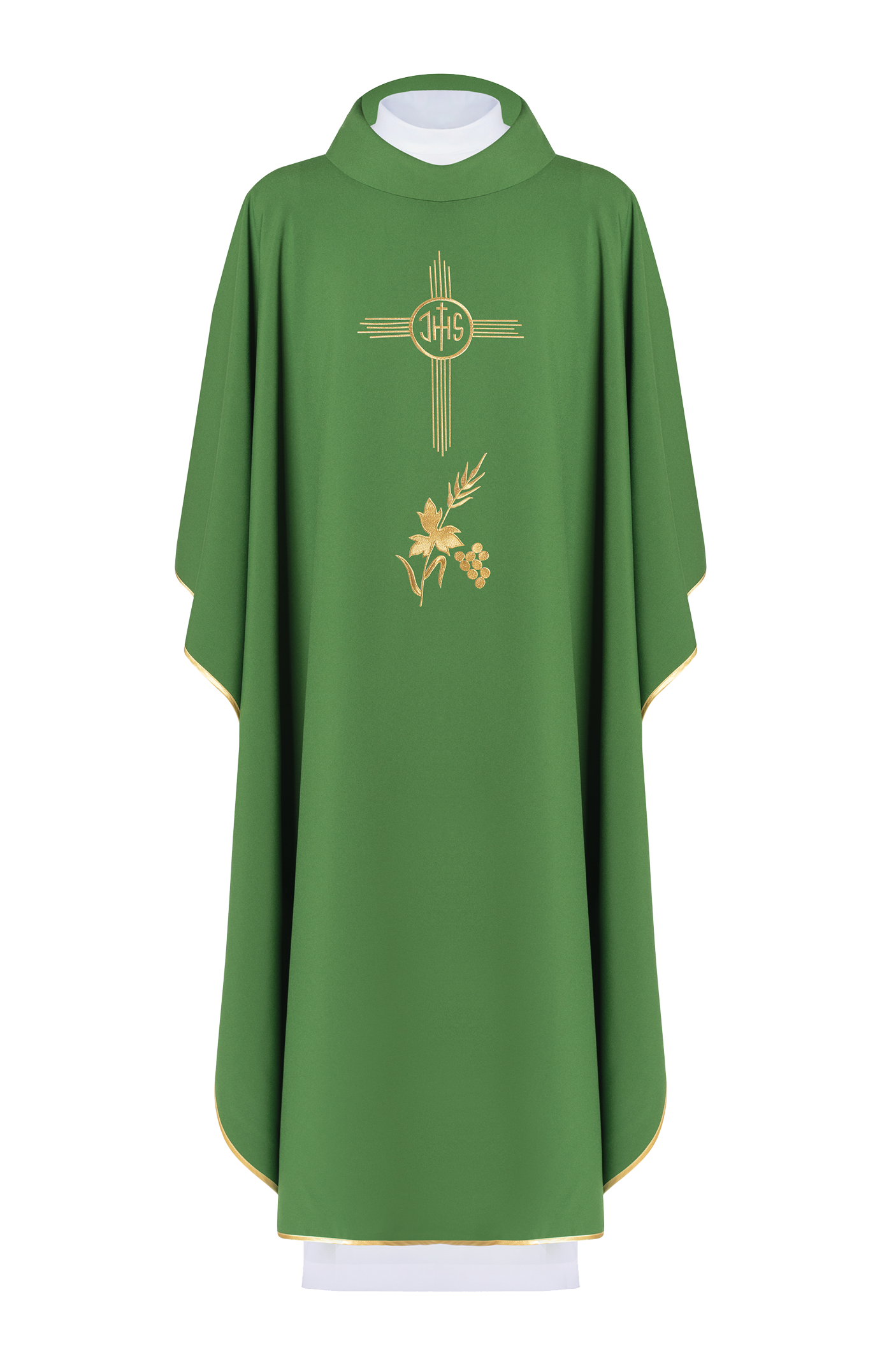 Green chasuble embroidered with IHS motif