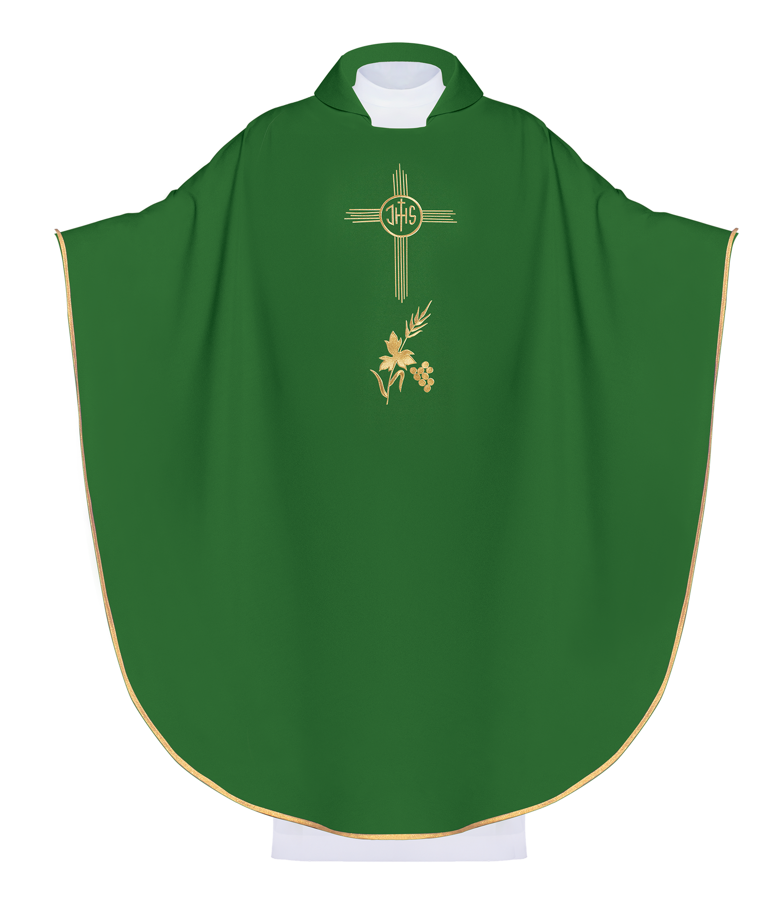 Green embroidered chasuble with wide collar and IHS motif