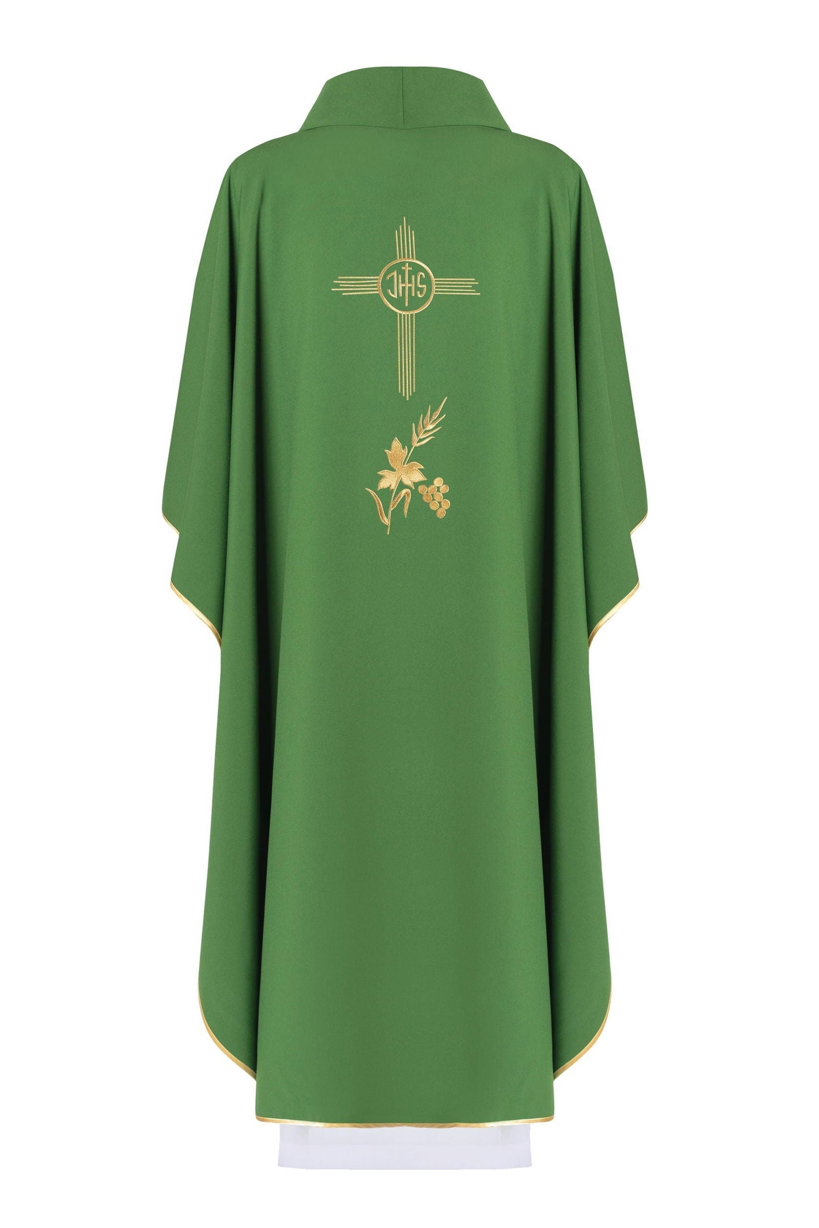 Green embroidered chasuble with wide collar and IHS motif