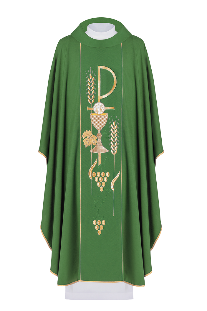 Green chasuble embroidered with IHS chalice design