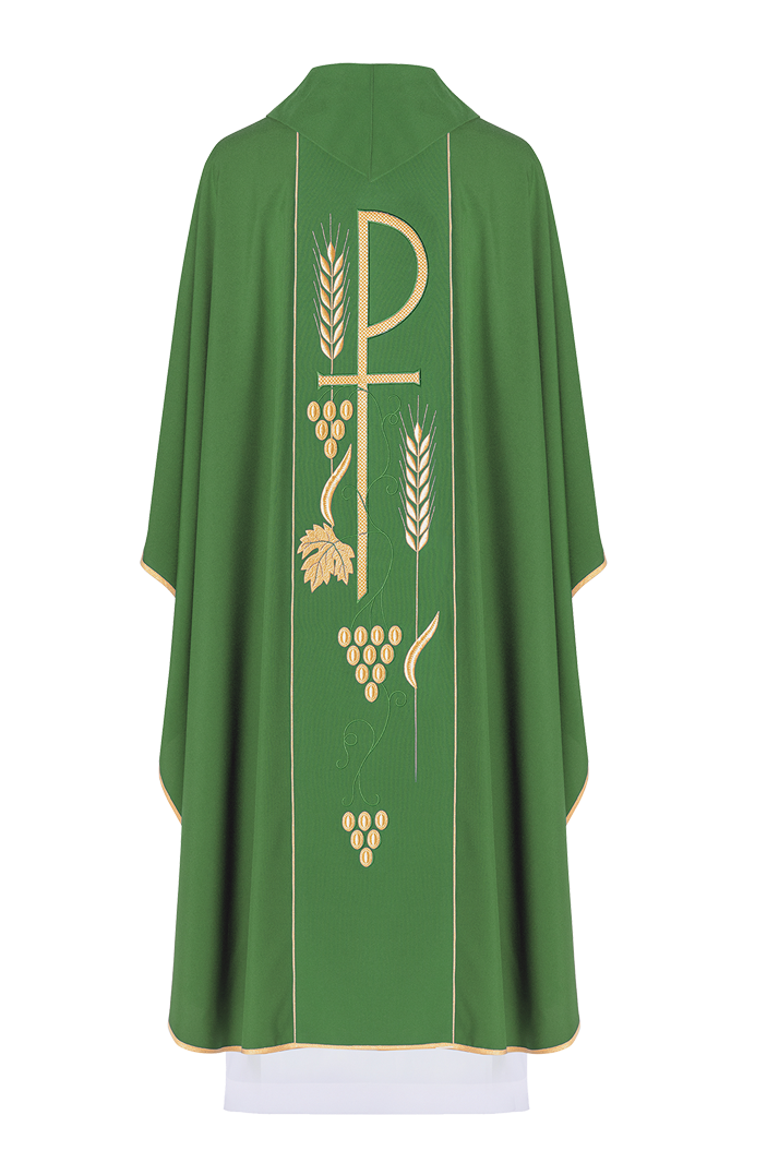 Green chasuble embroidered with IHS chalice design