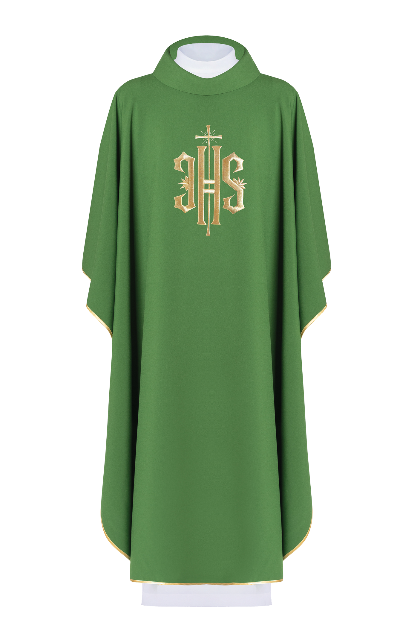 Green embroidered chasuble with gold IHS motif