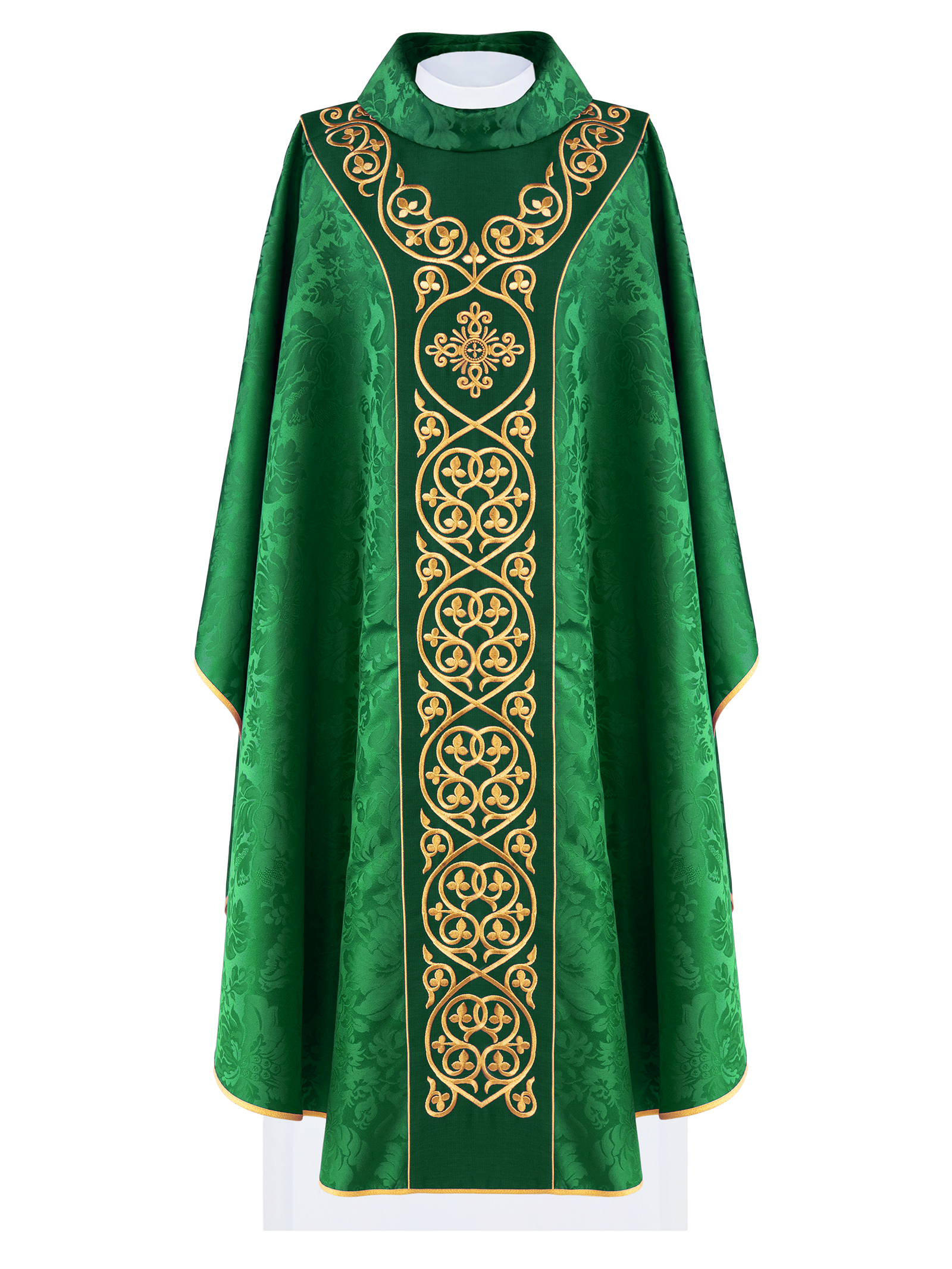 Green liturgical chasuble decorated with velvet belt with embroidery