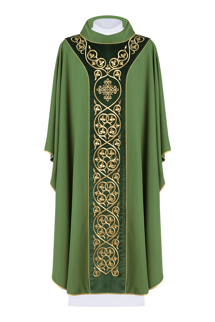 Green liturgical chasuble decorated with embroidery on velvet