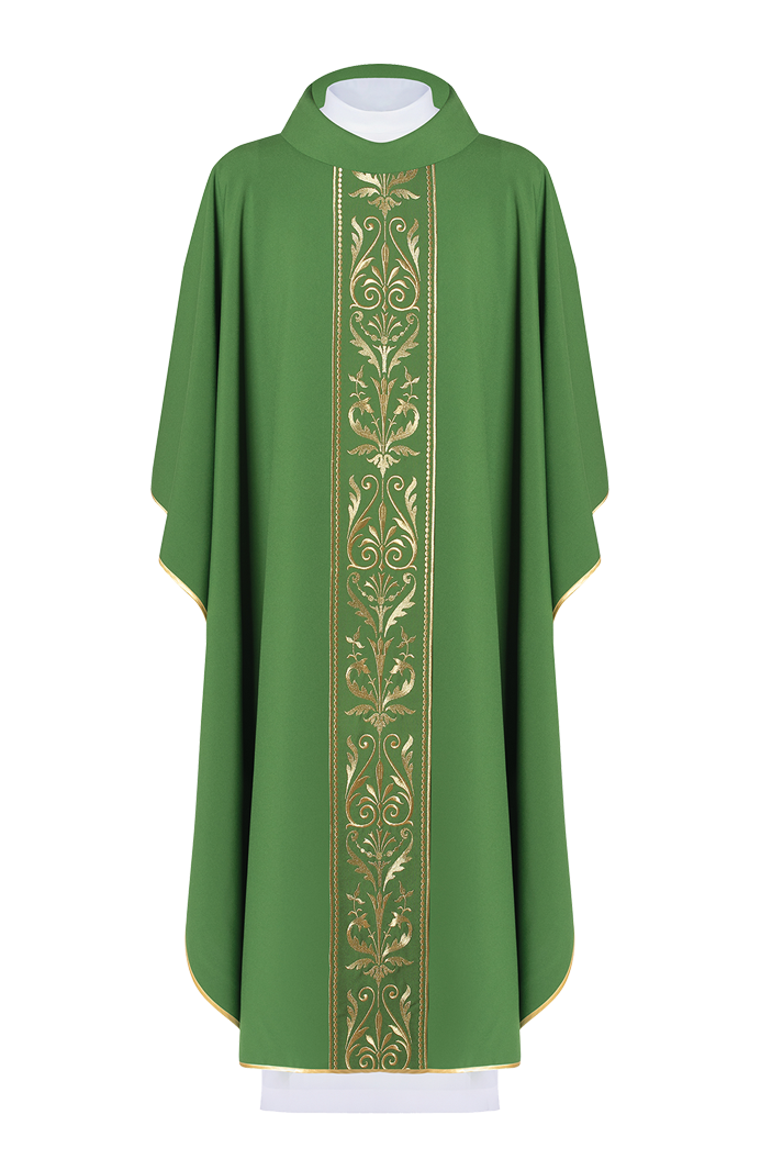 Green liturgical chasuble decorated with gold embroidered belt