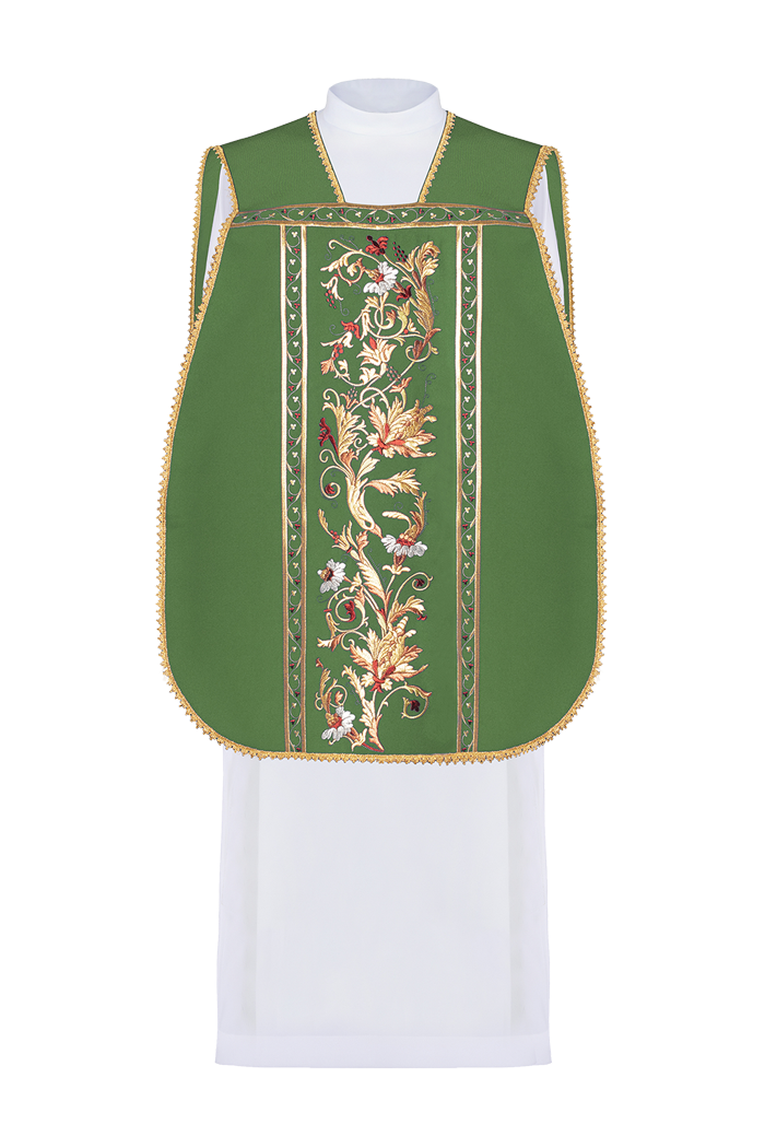 Green Roman chasuble embroidered with IHS motif