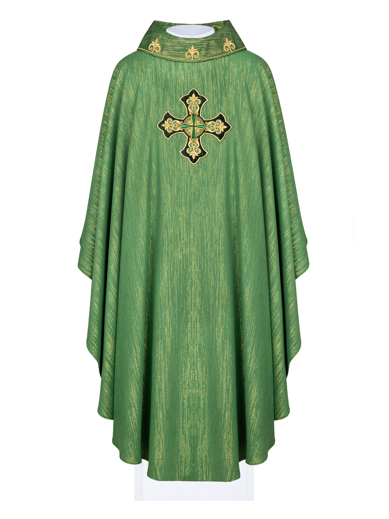 Green chasuble with richly embroidered cross and decorated collar