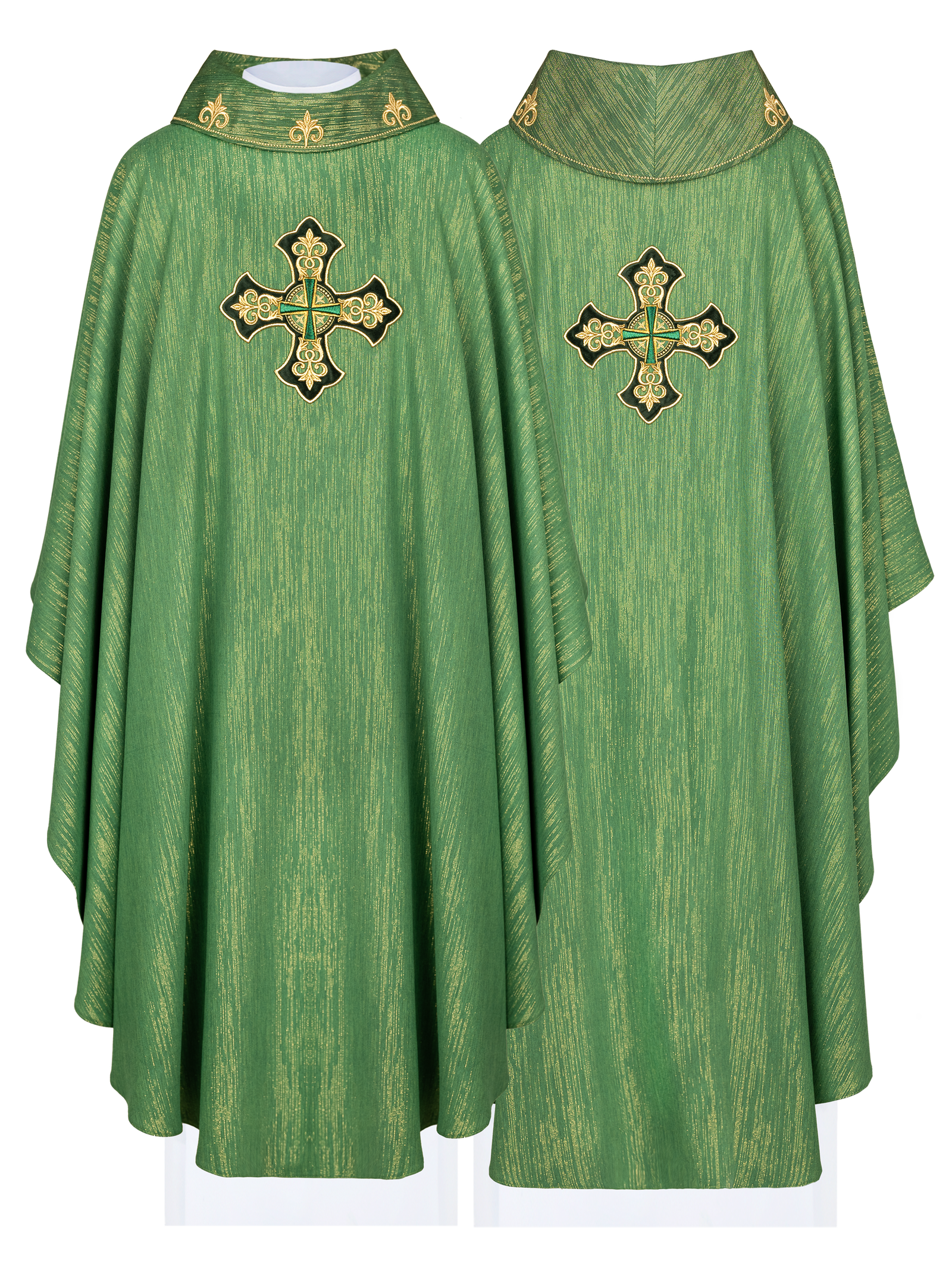 Green chasuble with richly embroidered cross and decorated collar