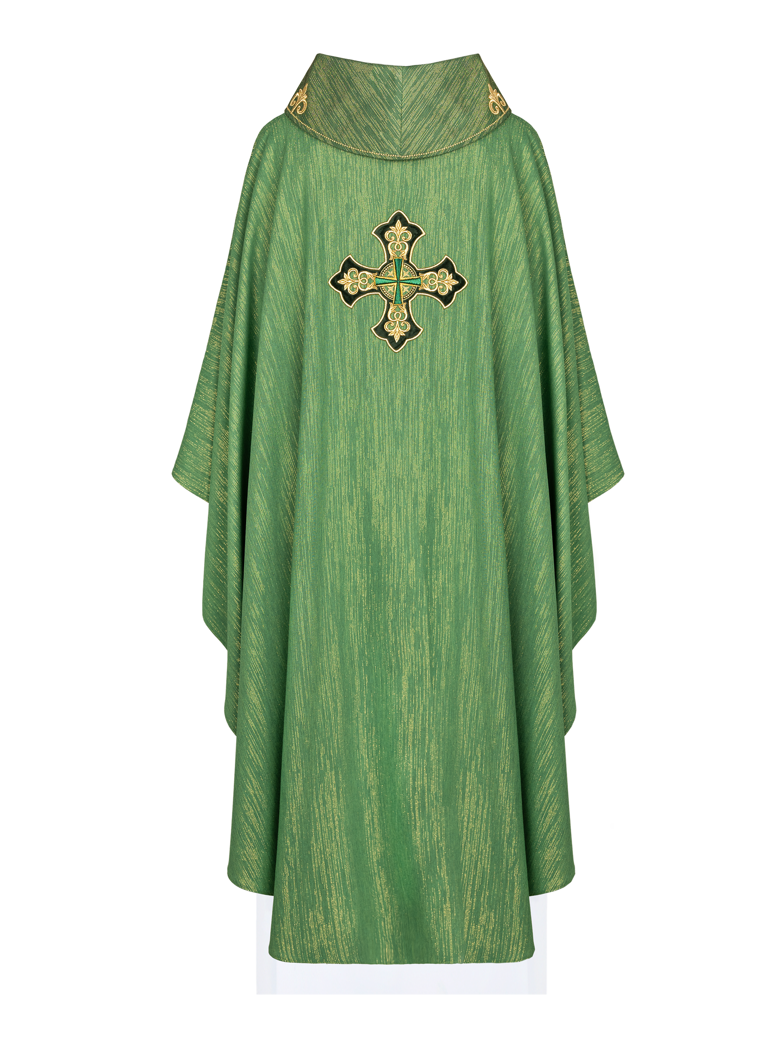 Green chasuble with richly embroidered cross and decorated collar