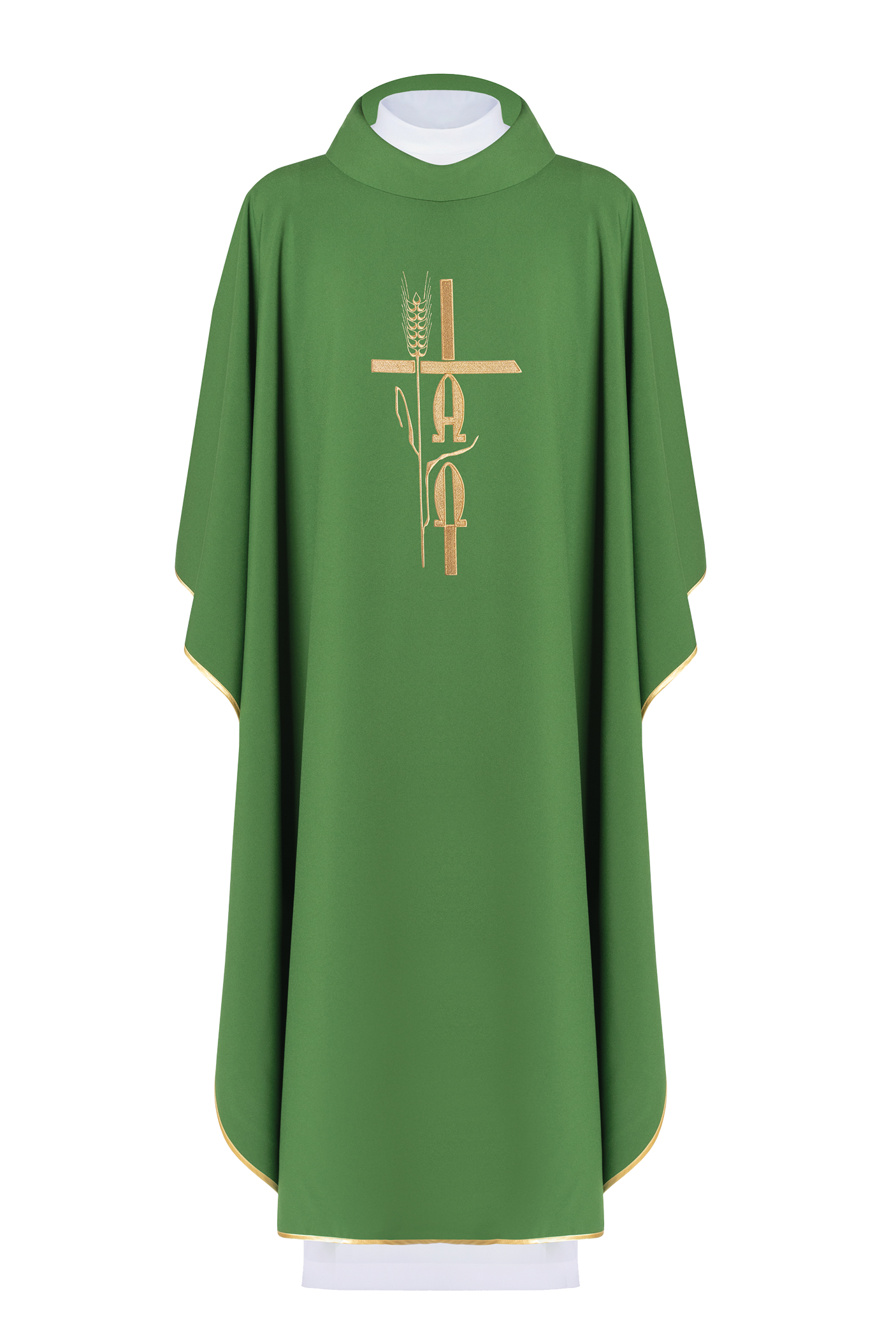 Green chasuble with Alpha Omega embroidery