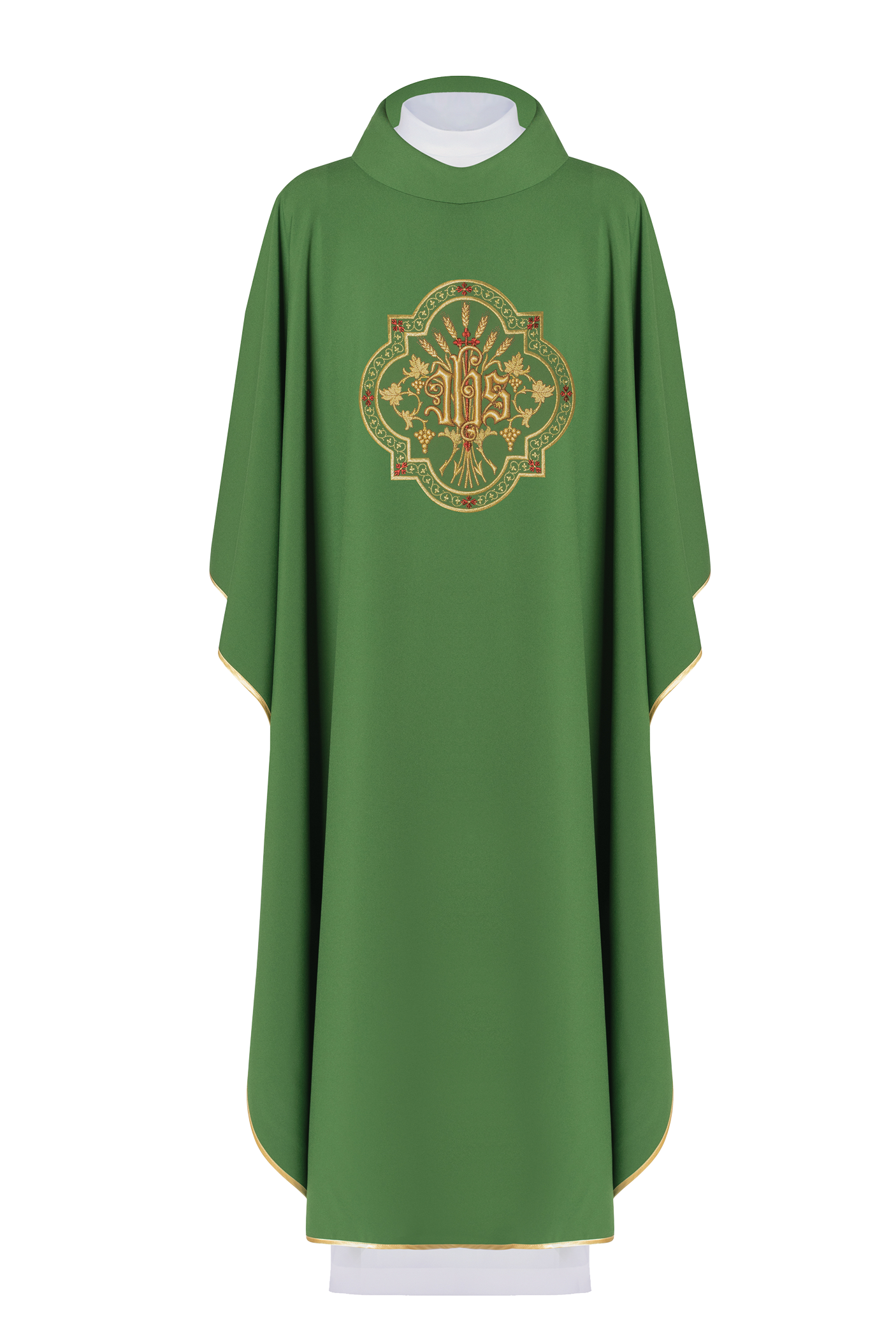 Green chasuble with IHS and PAX embroidery