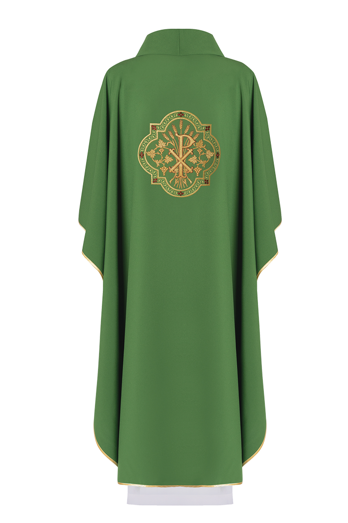 Green chasuble with IHS and PAX embroidery