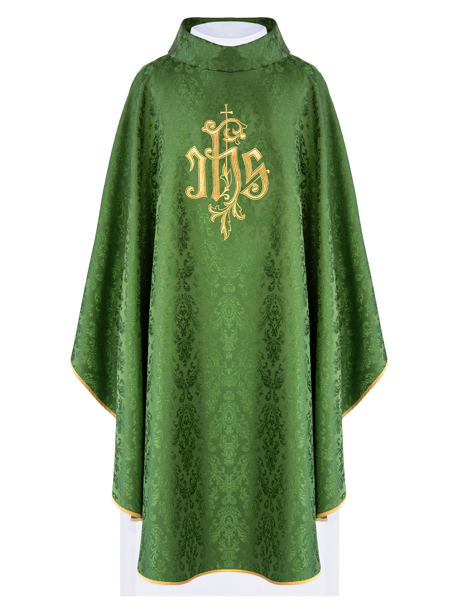 Green chasuble with embroidered IHS motif on decorative fabric