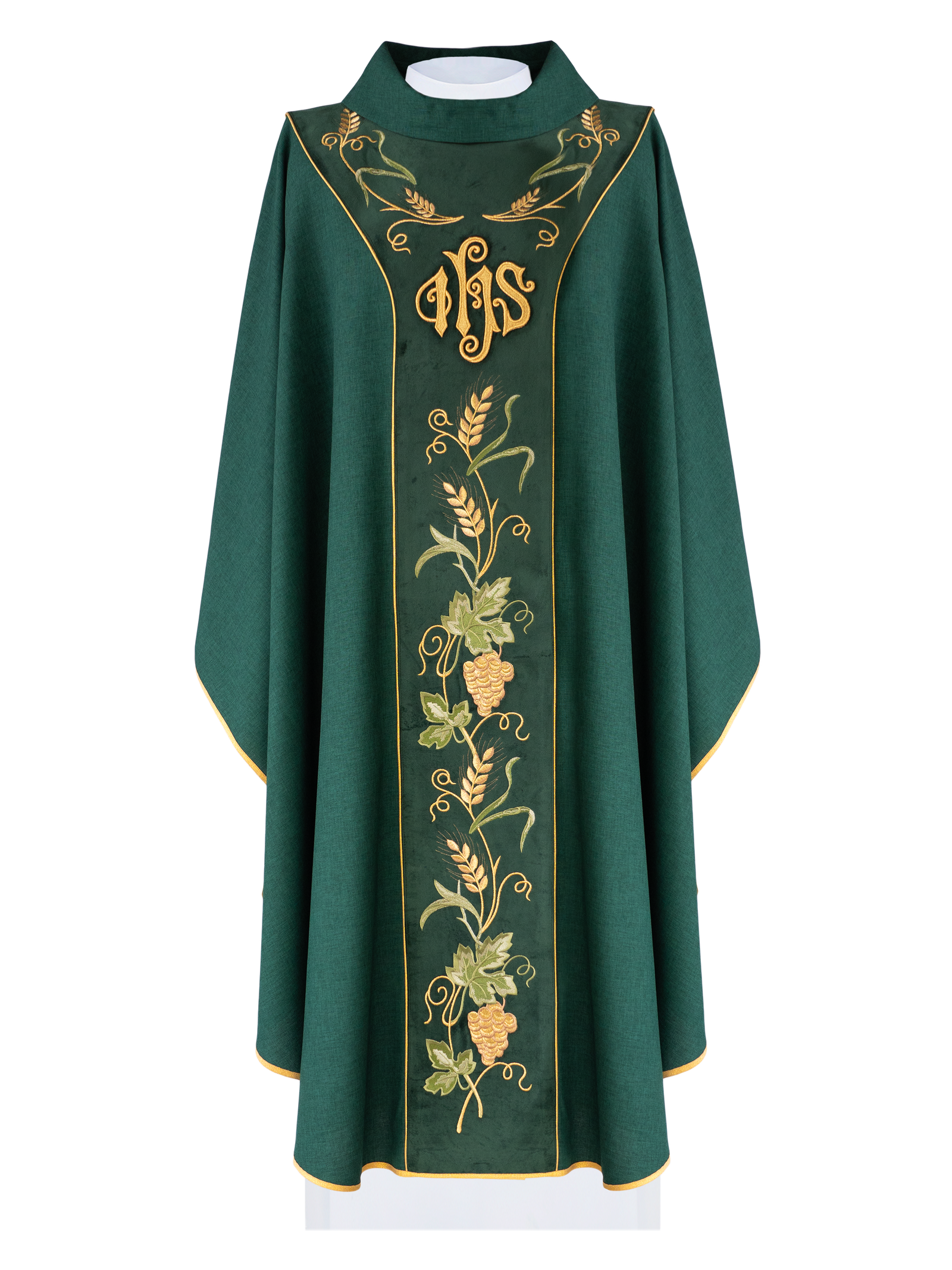 Green chasuble with embroidered grape motif and IHS