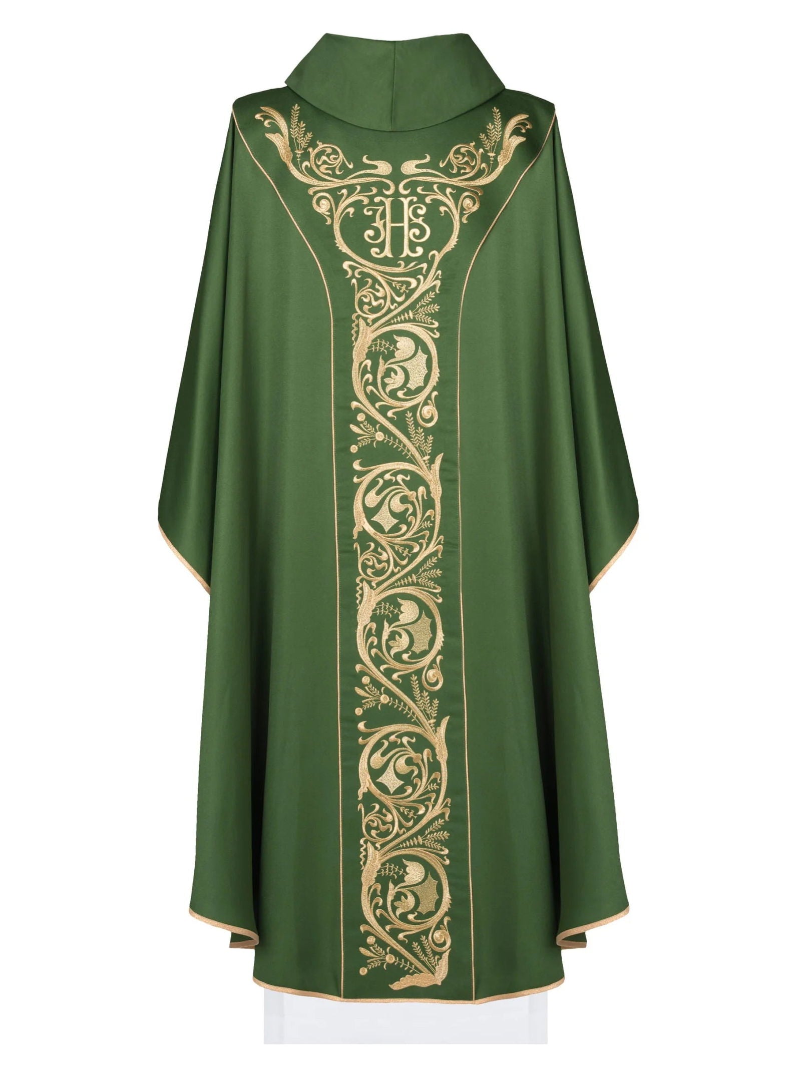 Green chasuble with embroidered gold IHS stripe