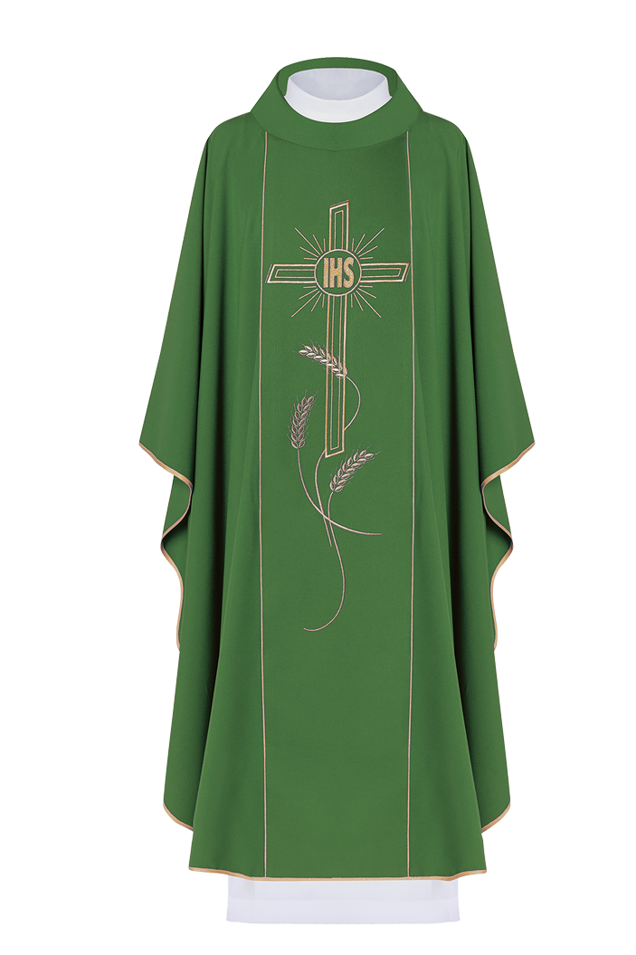 Green chasuble with wide embroidered gold stripe IHS cross