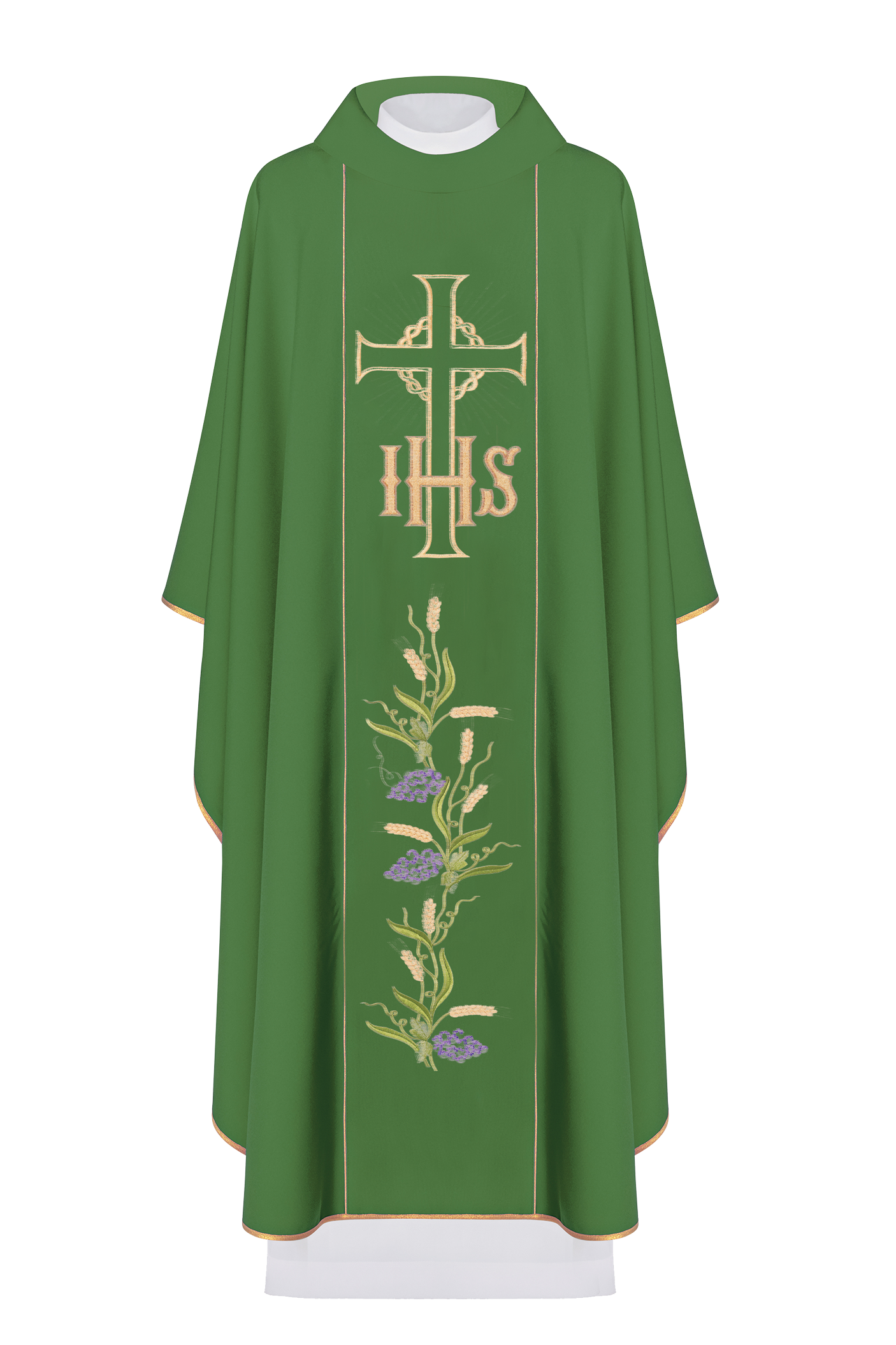 Green chasuble with decorated gold belt with IHS and ears