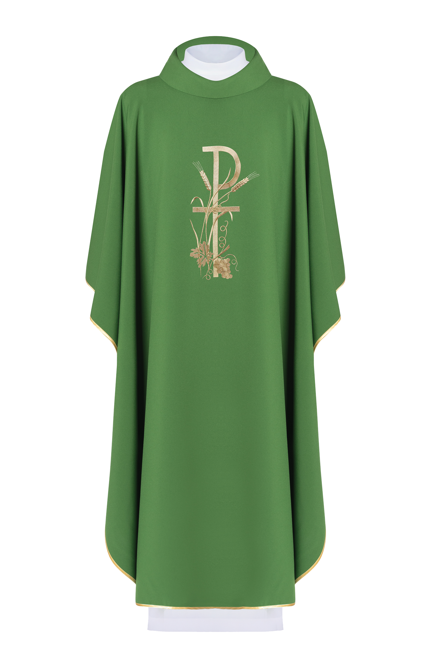 Green chasuble with gold cross embroidery