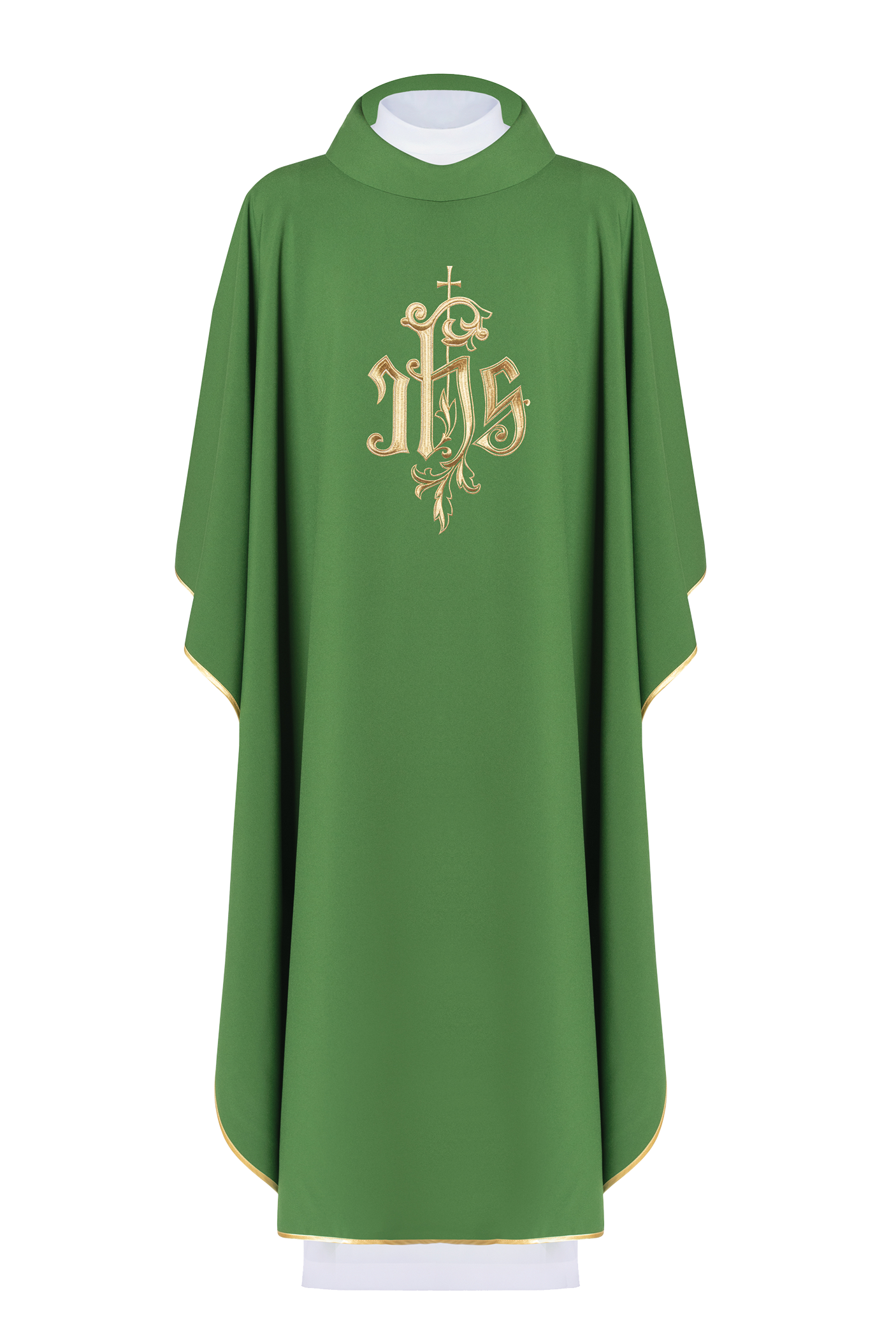 Green chasuble with gold IHS embroidery