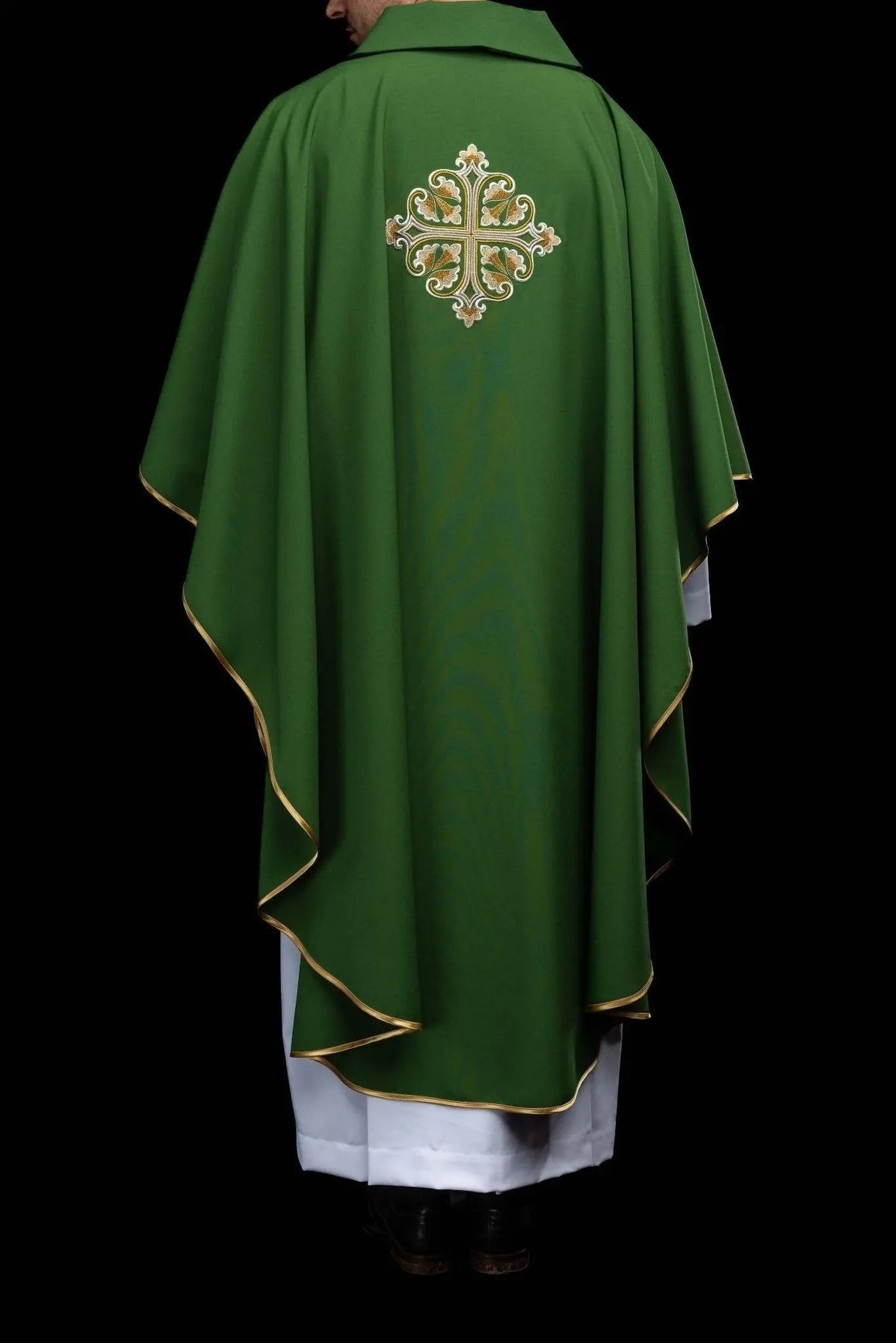 Green Embroidered Chasuble with Ornamental Cross and Wide Collar