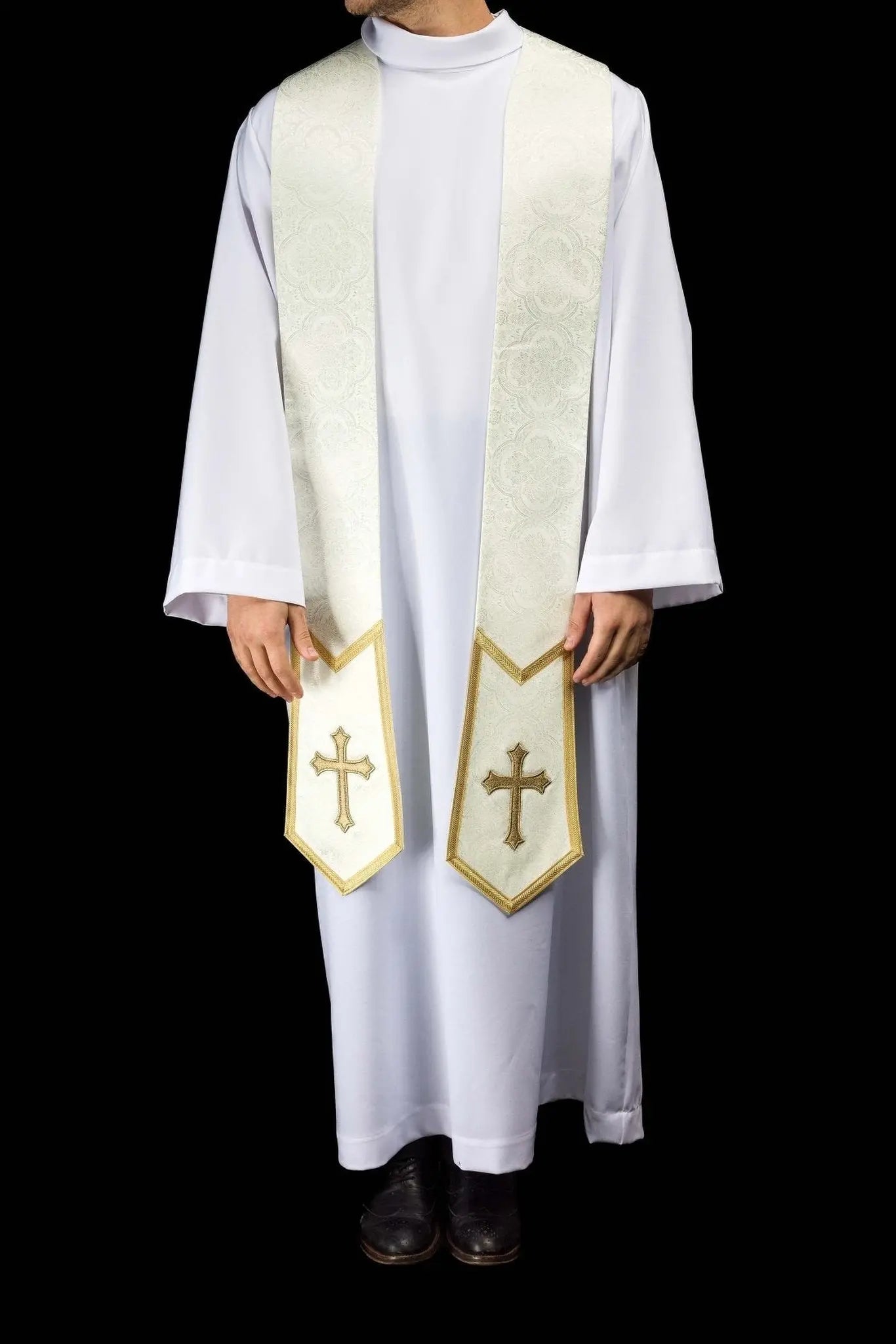 Ecru Jacquard Stole with Embroidered Cross