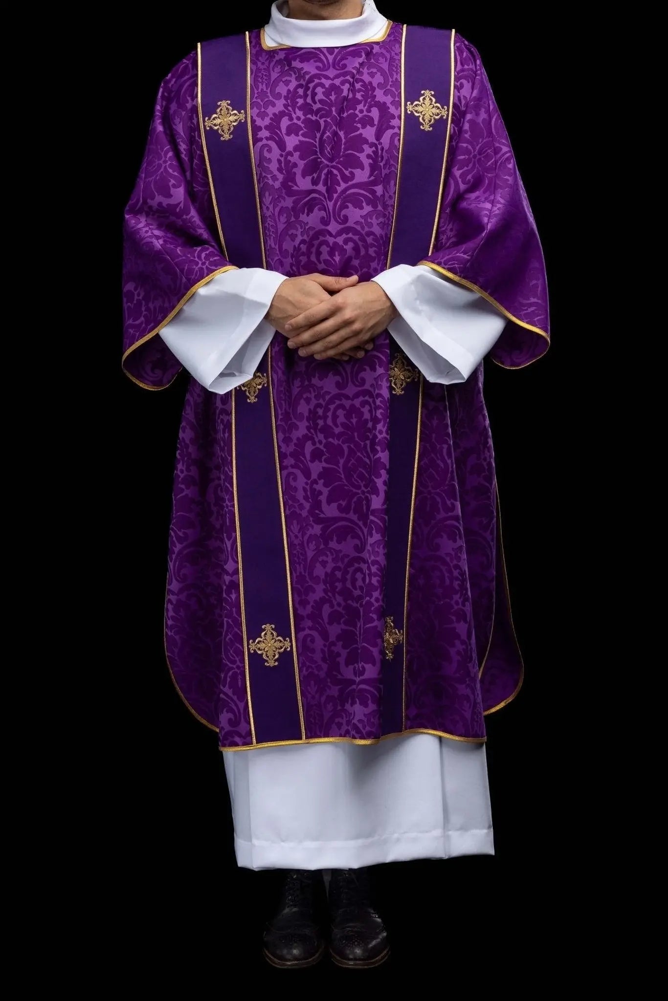 Purple Jacquard Dalmatic with Gold Cross Embroidery