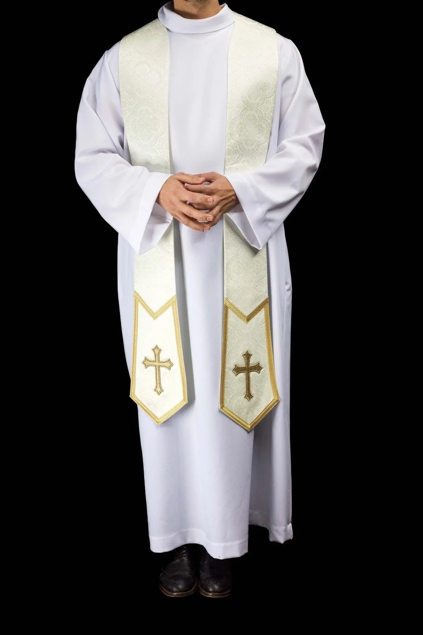 Ecru Jacquard Stole with Embroidered Cross