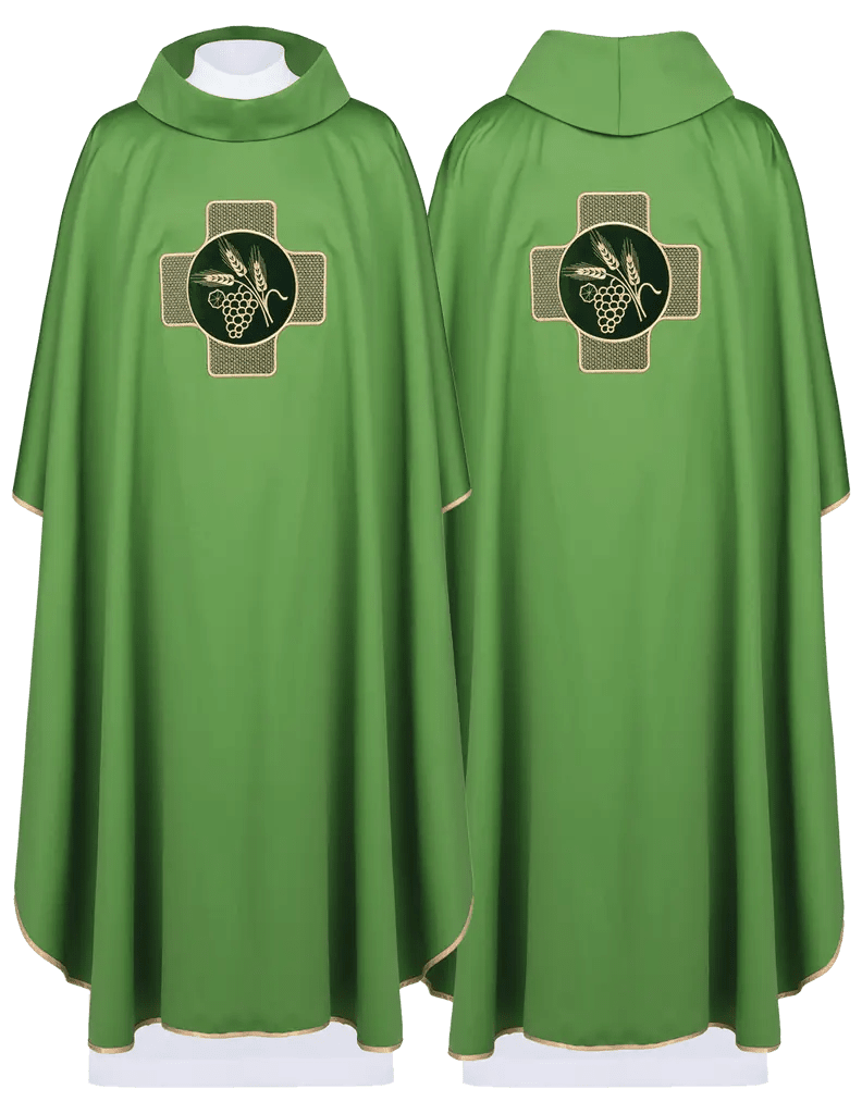 Green chasuble with embroidery with symbol of cross and ears with grapes
