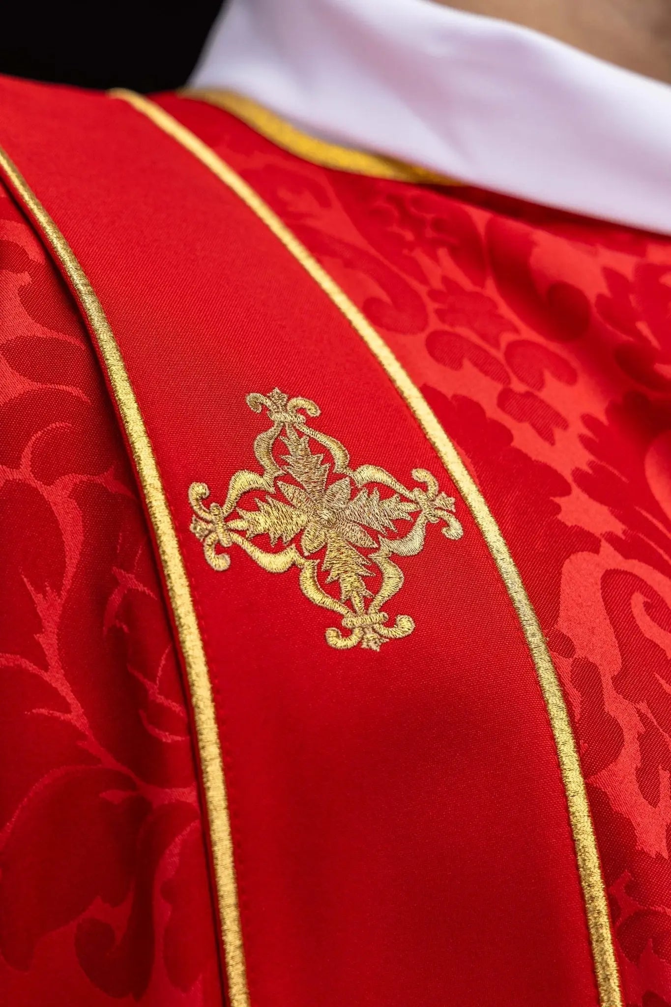 Red Jacquard Dalmatic with Gold Cross Embroidery