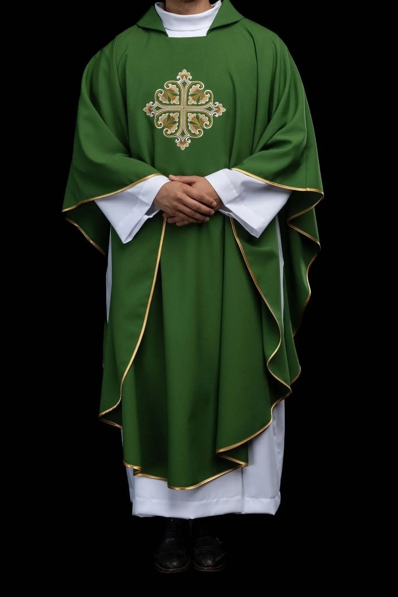 Green Embroidered Chasuble with Ornamental Cross and Wide Collar