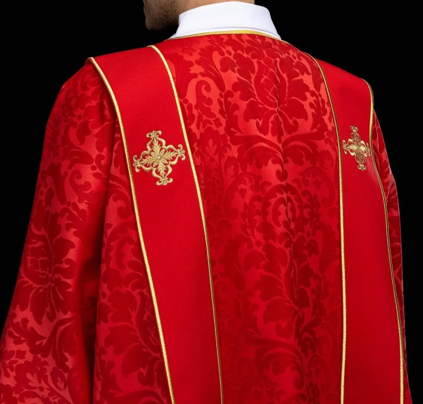 Red Jacquard Dalmatic with Gold Cross Embroidery