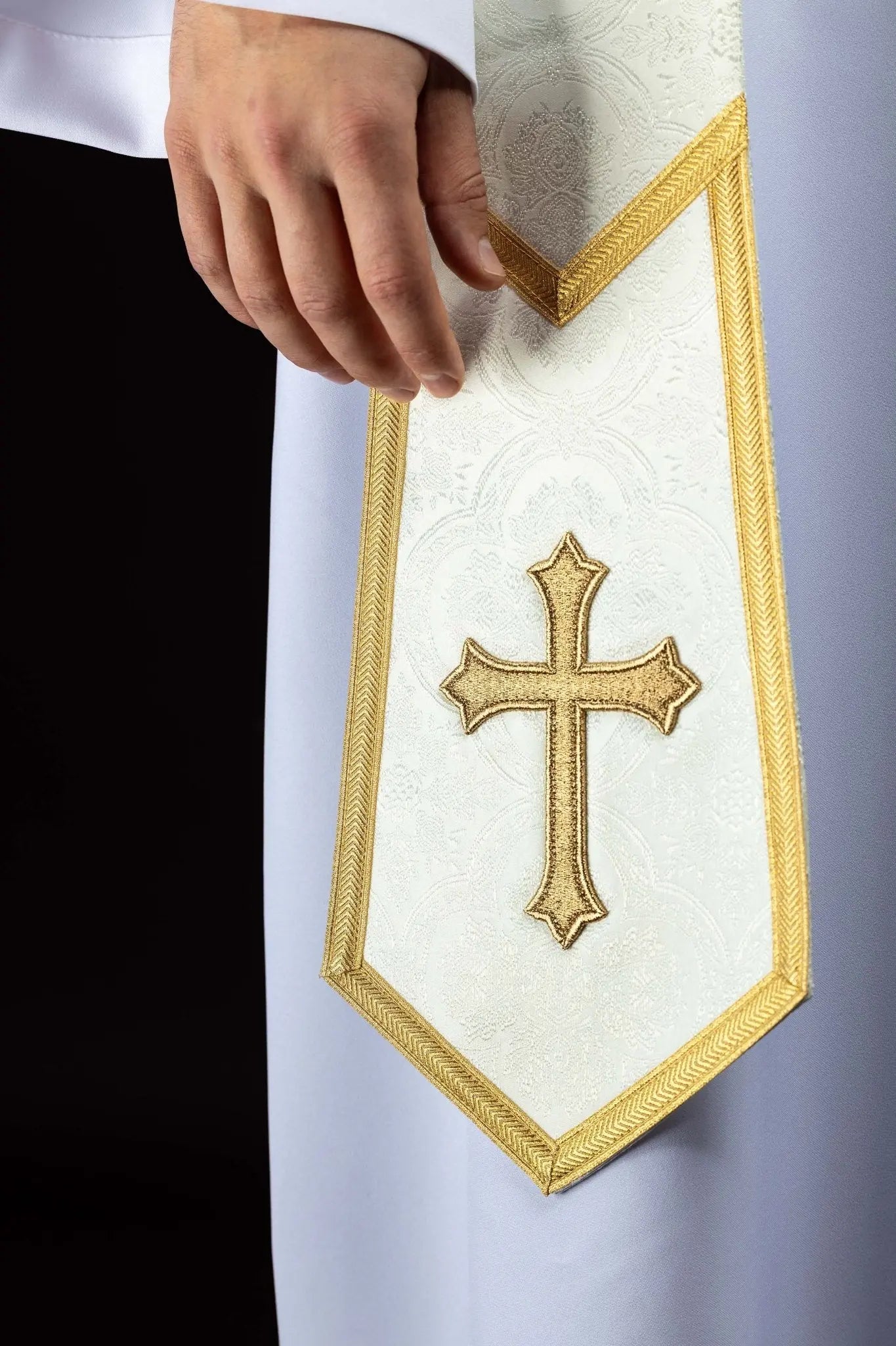 Ecru Jacquard Stole with Embroidered Cross