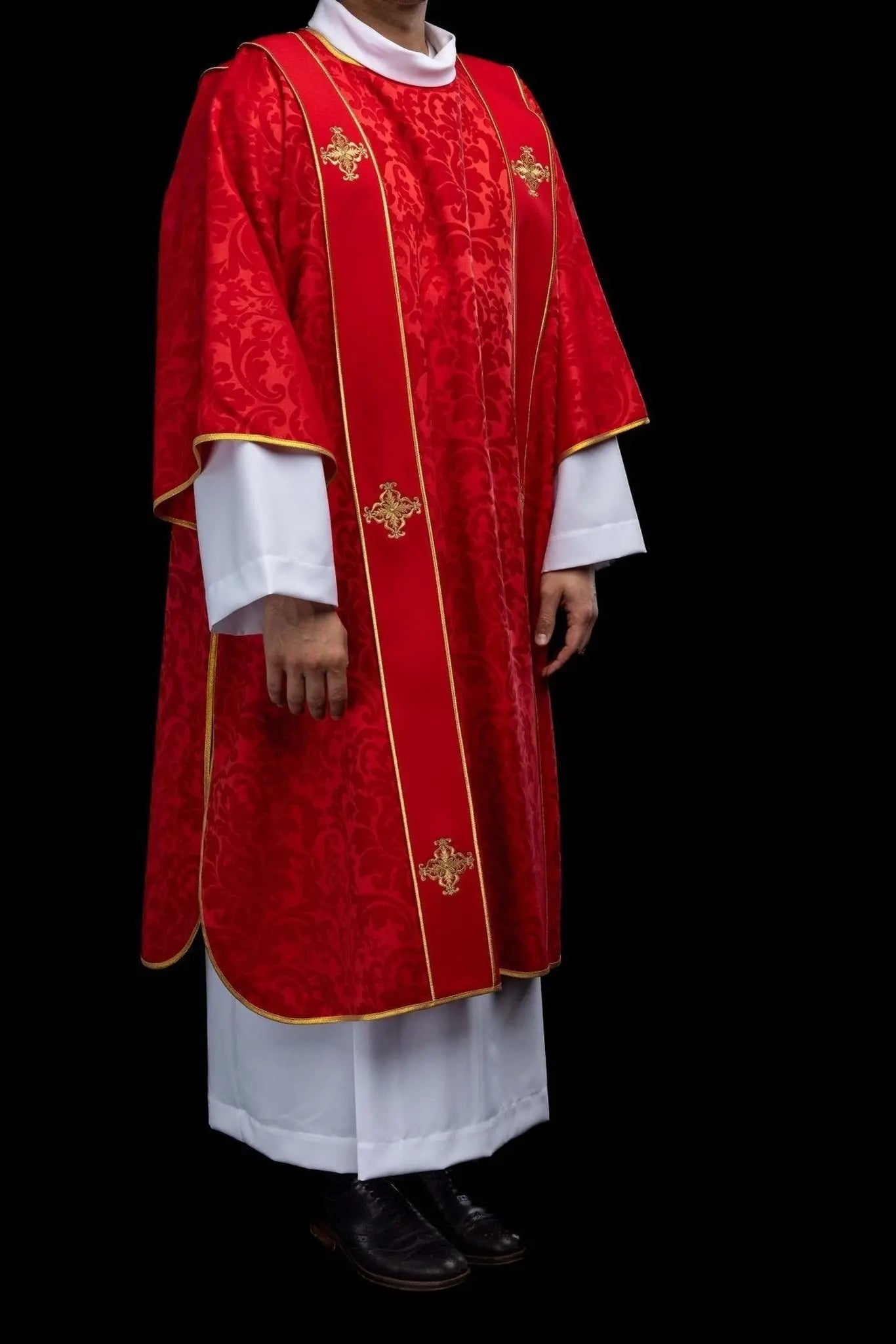 Red Jacquard Dalmatic with Gold Cross Embroidery