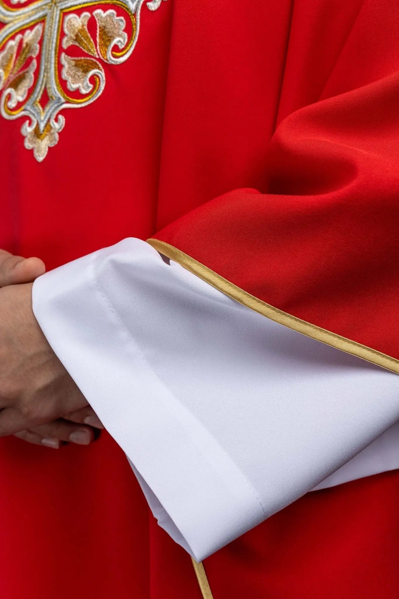 Red Embroidered Chasuble with Ornamental Cross and Wide Collar