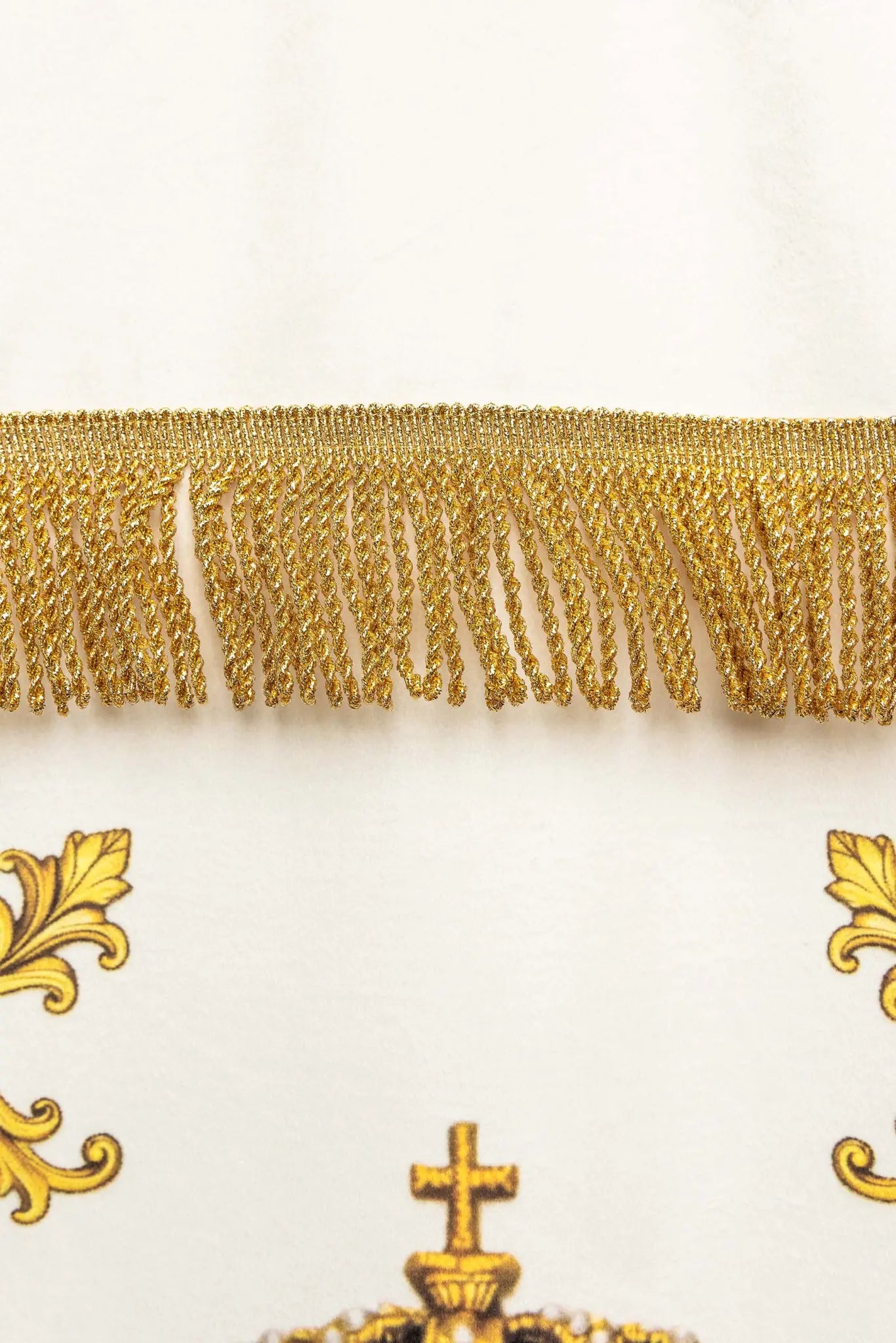 Double-sided printed processional banner featuring the Sacred Heart of Jesus on one side and the IHS symbol on the other, with gold ornamentation.