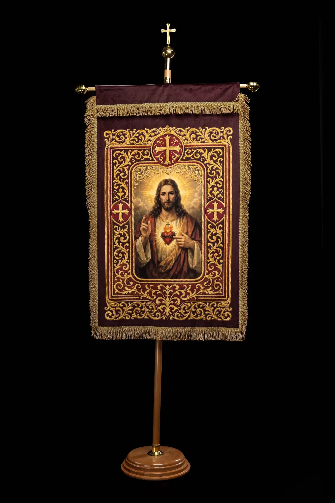 Double-sided printed processional banner featuring the Sacred Heart of Jesus on one side and an IHS chalice with host on the other, with gold ornaments and burgundy accents.