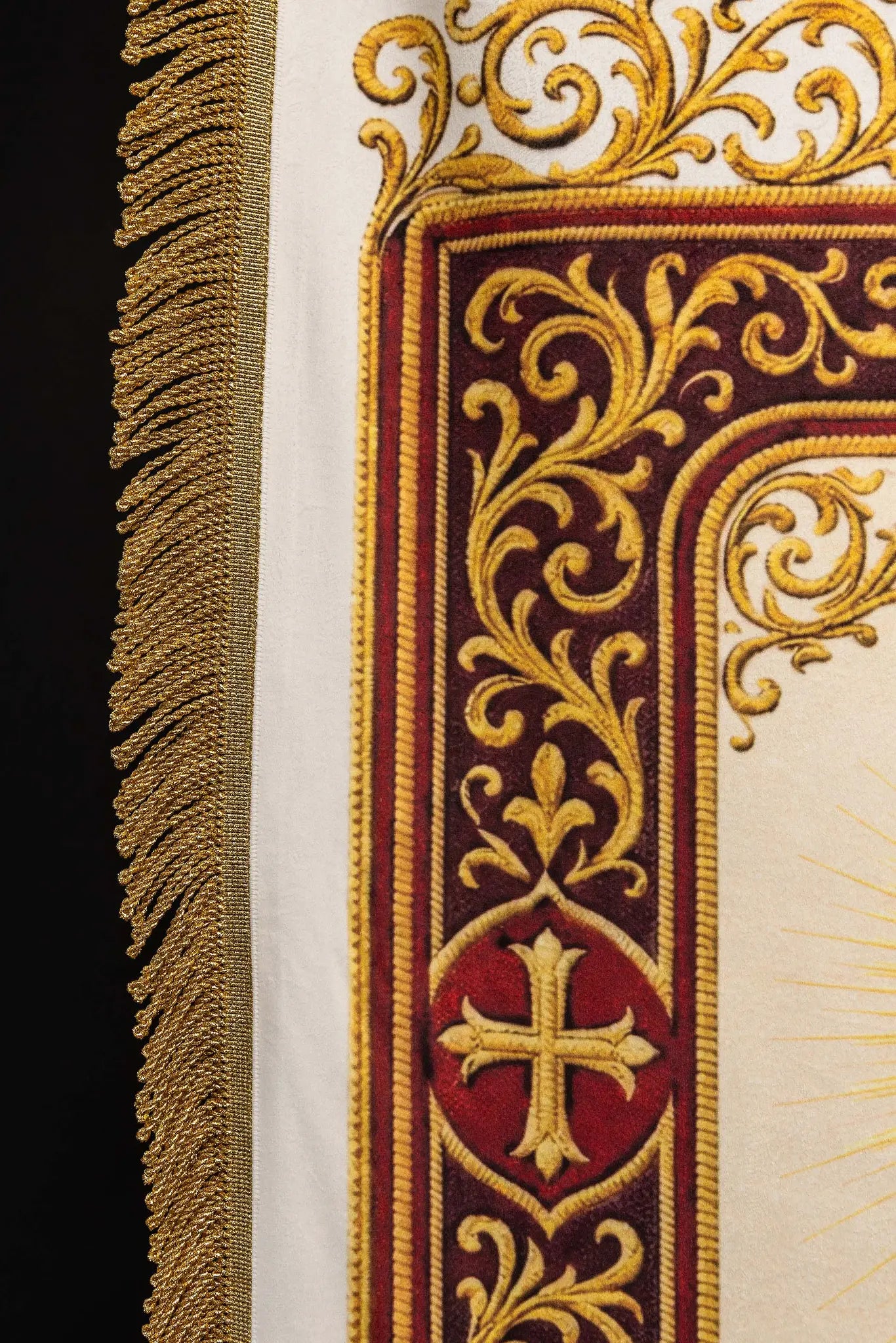 Double-sided printed processional banner featuring the Sacred Heart of Jesus on one side and an IHS chalice with host on the other, with gold ornaments and burgundy accents.