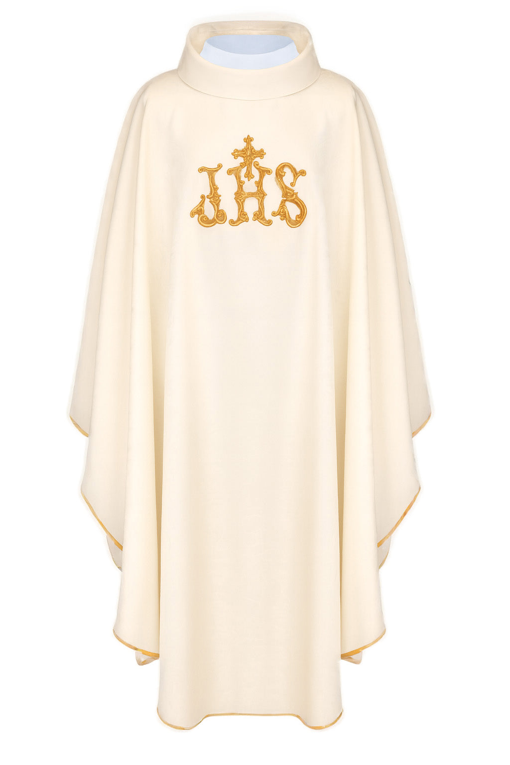 Ecru chasuble with IHS motif and richly embroidered collar