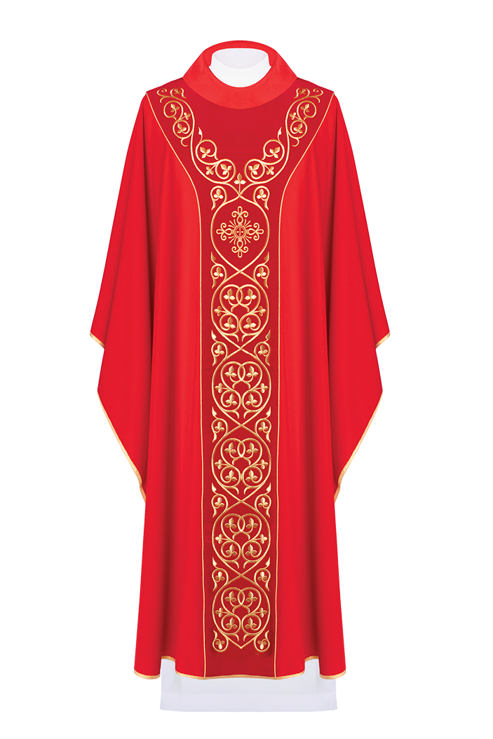 Czerwony ornat liturgiczny zdobiony haftem na aksamicie - ORNATY.PL
