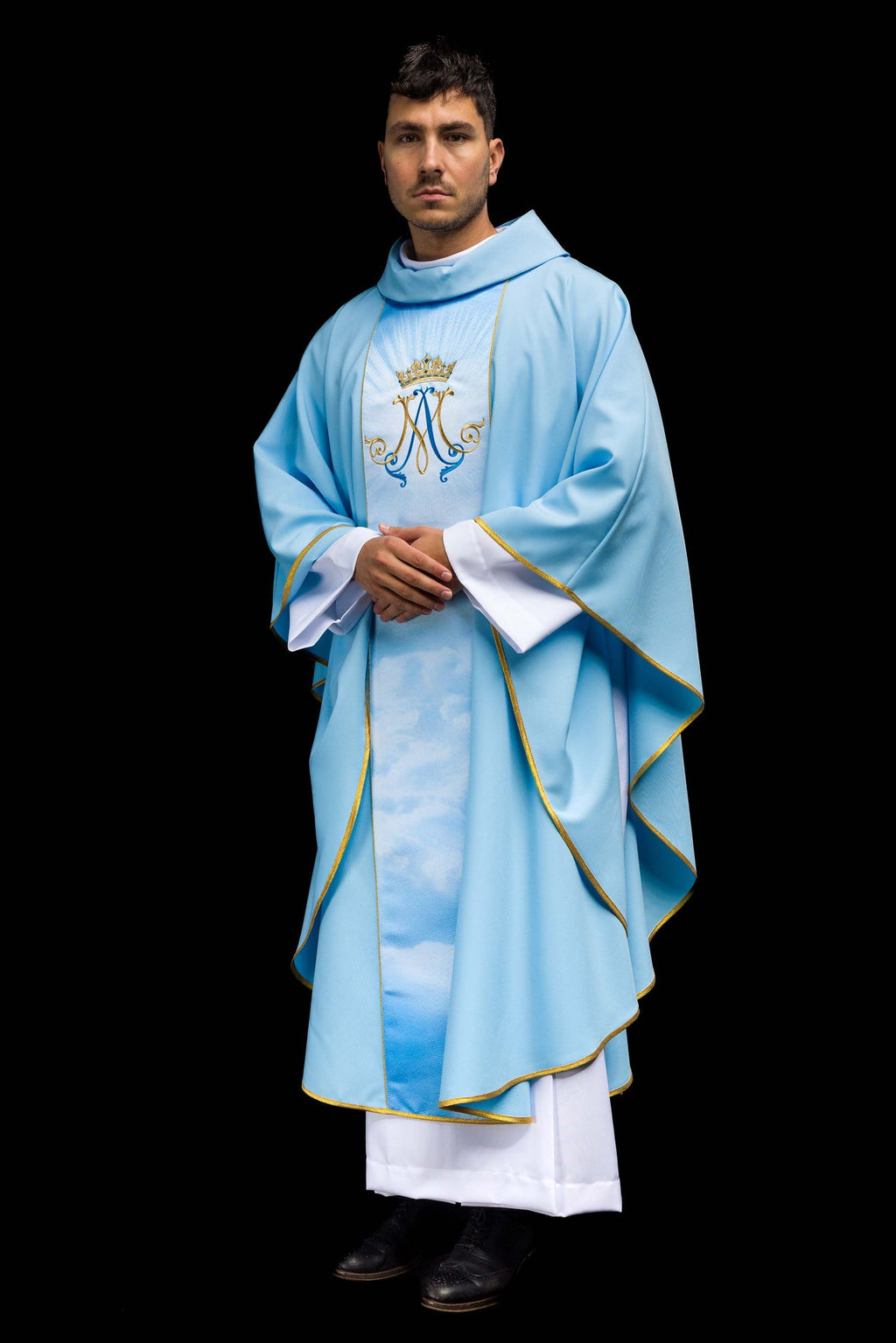 Blue Marian liturgical chasuble with sublimated and embroidered belt